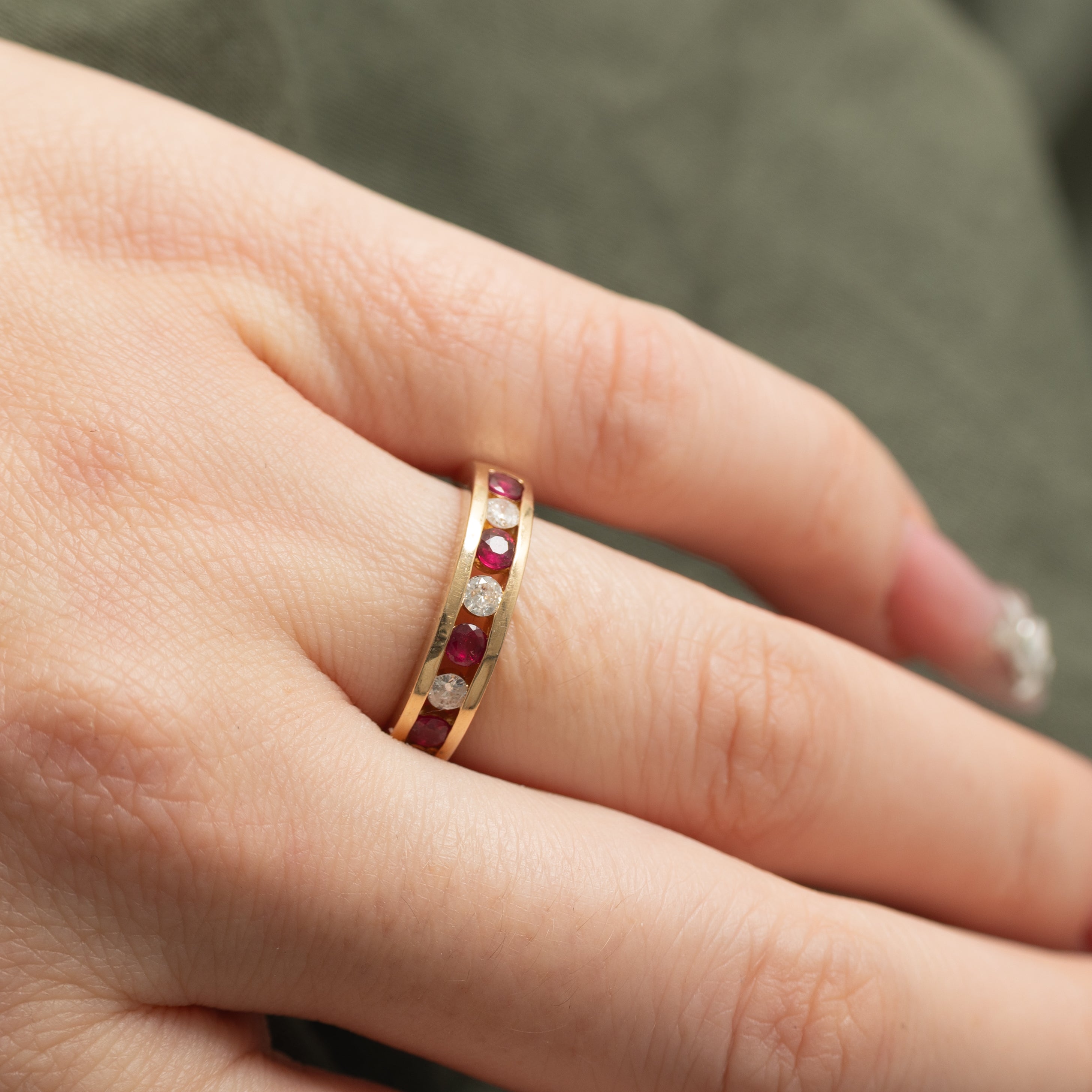 1990 London Import Channel Set Semi Eternity Ruby & Diamond Band | 0.32ctw, 0.24ctw | SZ 6.25 |