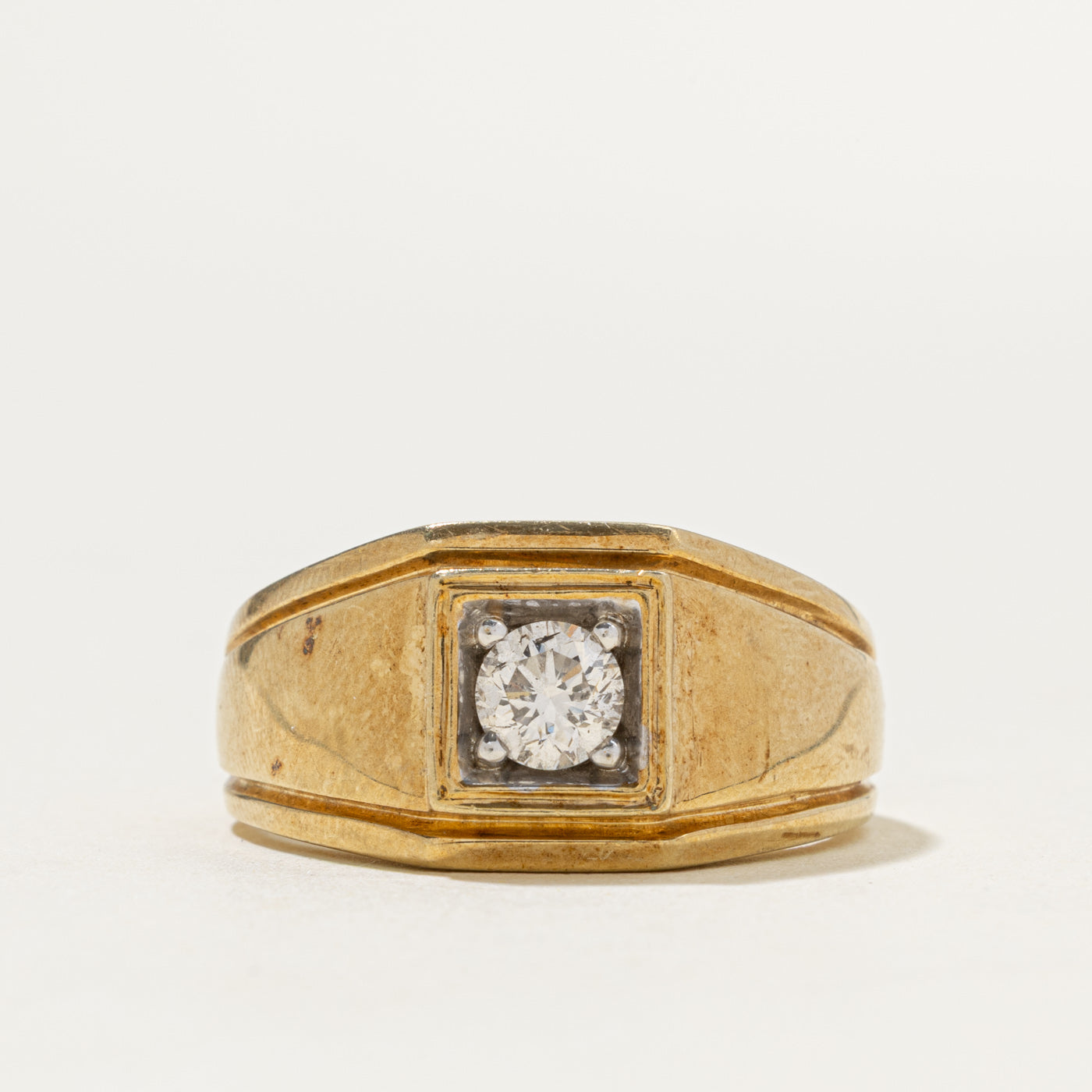 10k Solitaire Diamond Grooved Signet Ring | 0.48ct SI2 K | SZ 10.25