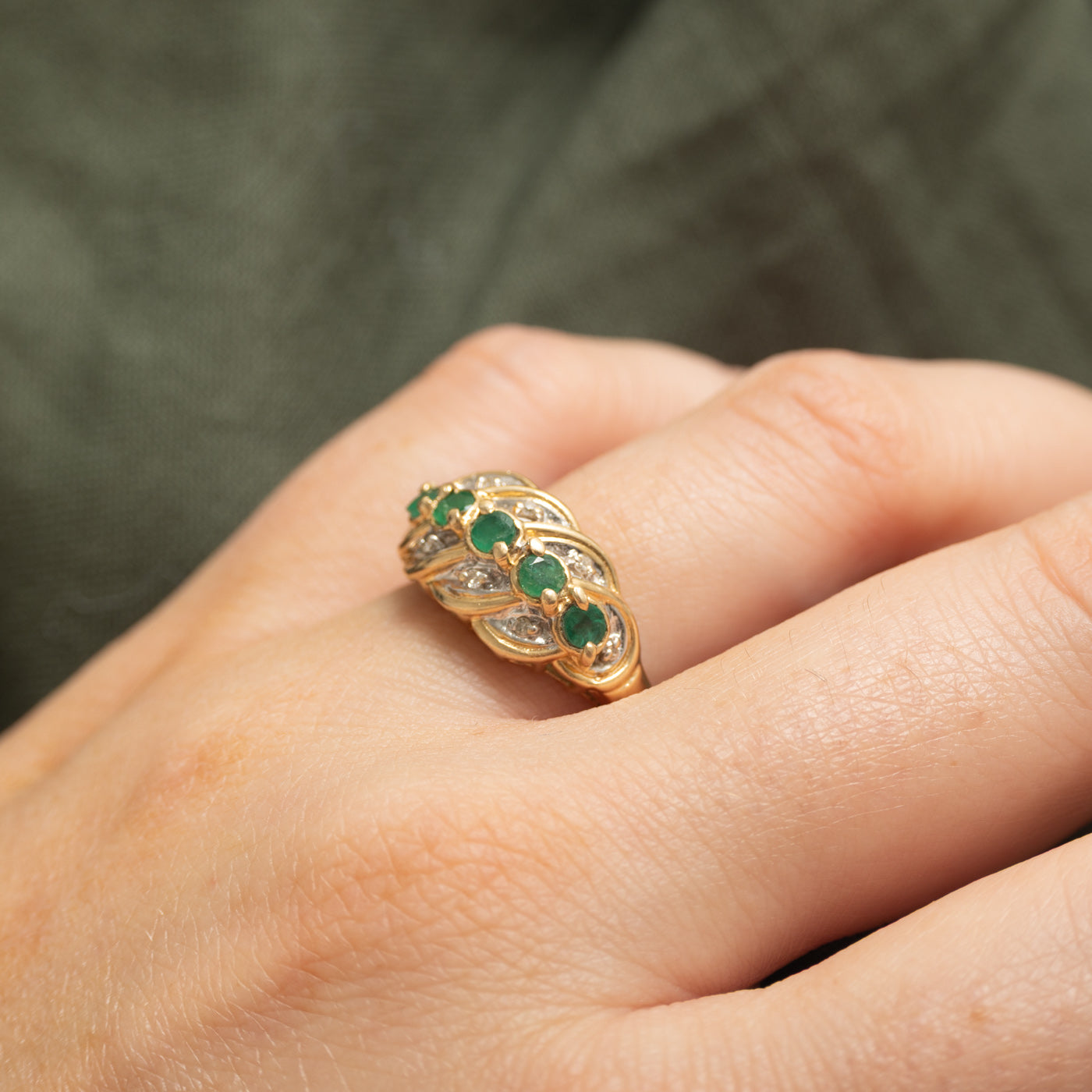 Five Stone Emerald & Diamond Grooved Dome Ring | 0.50ctw, 0.04ctw | SZ 7