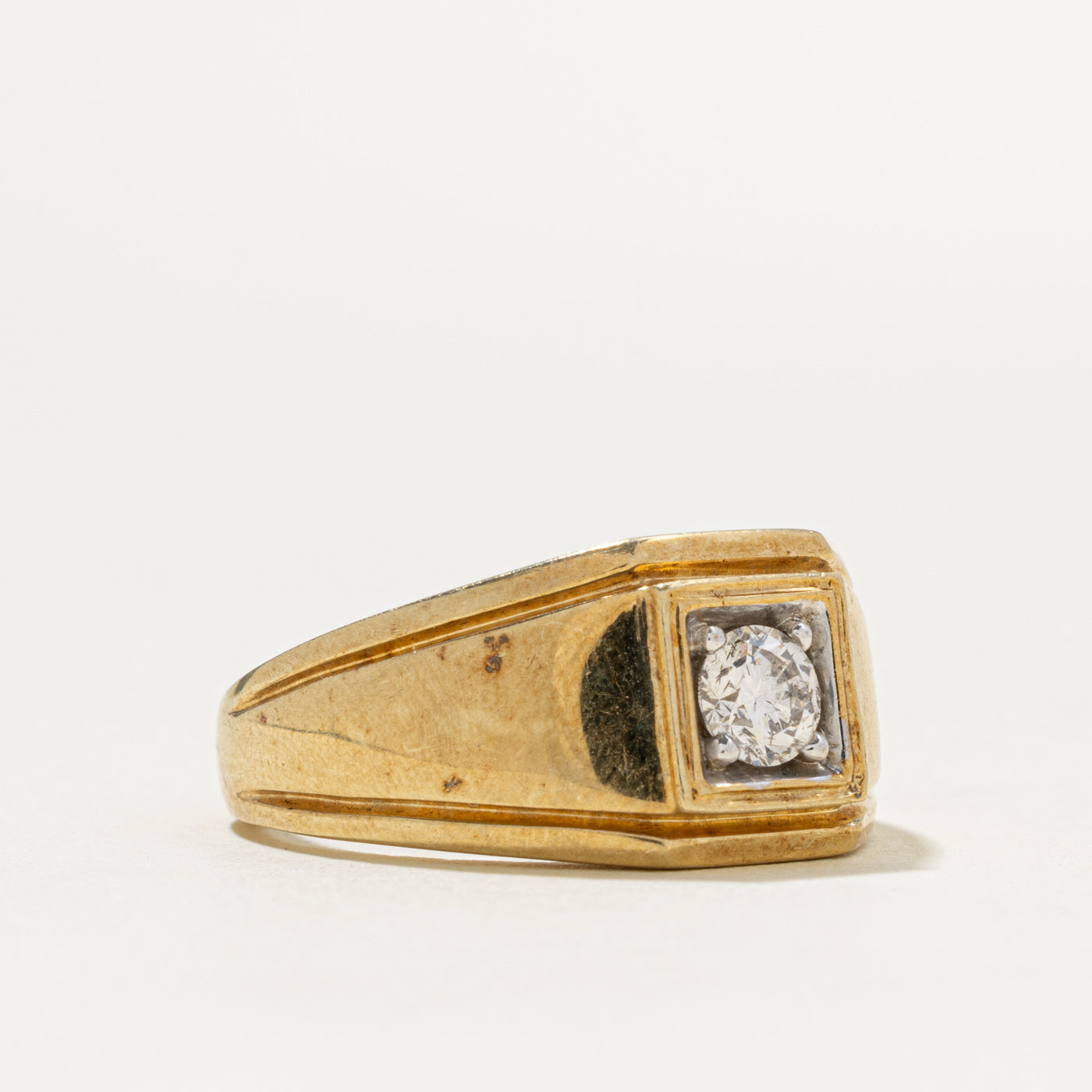 10k Solitaire Diamond Grooved Signet Ring | 0.48ct SI2 K | SZ 10.25