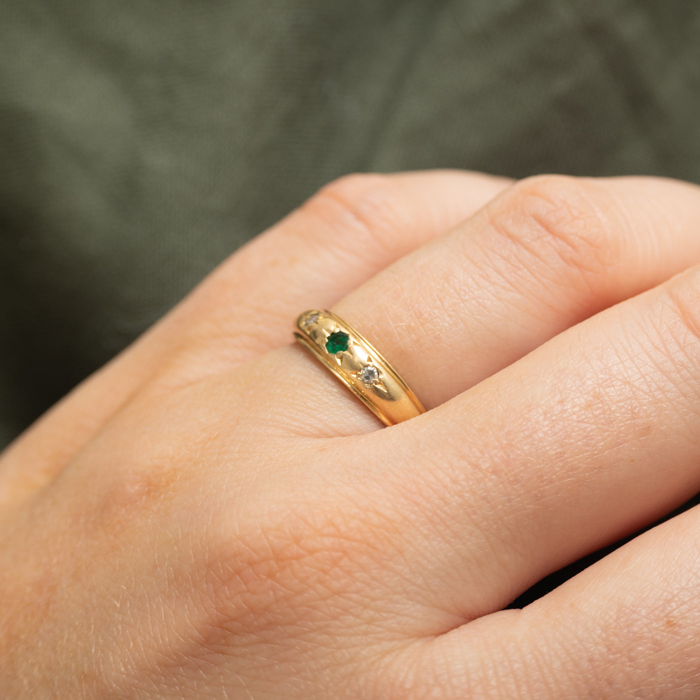'Birks' Star Set Emerald & Diamond Grooved Band | 0.05ct, 0.02ctw | SZ 6
