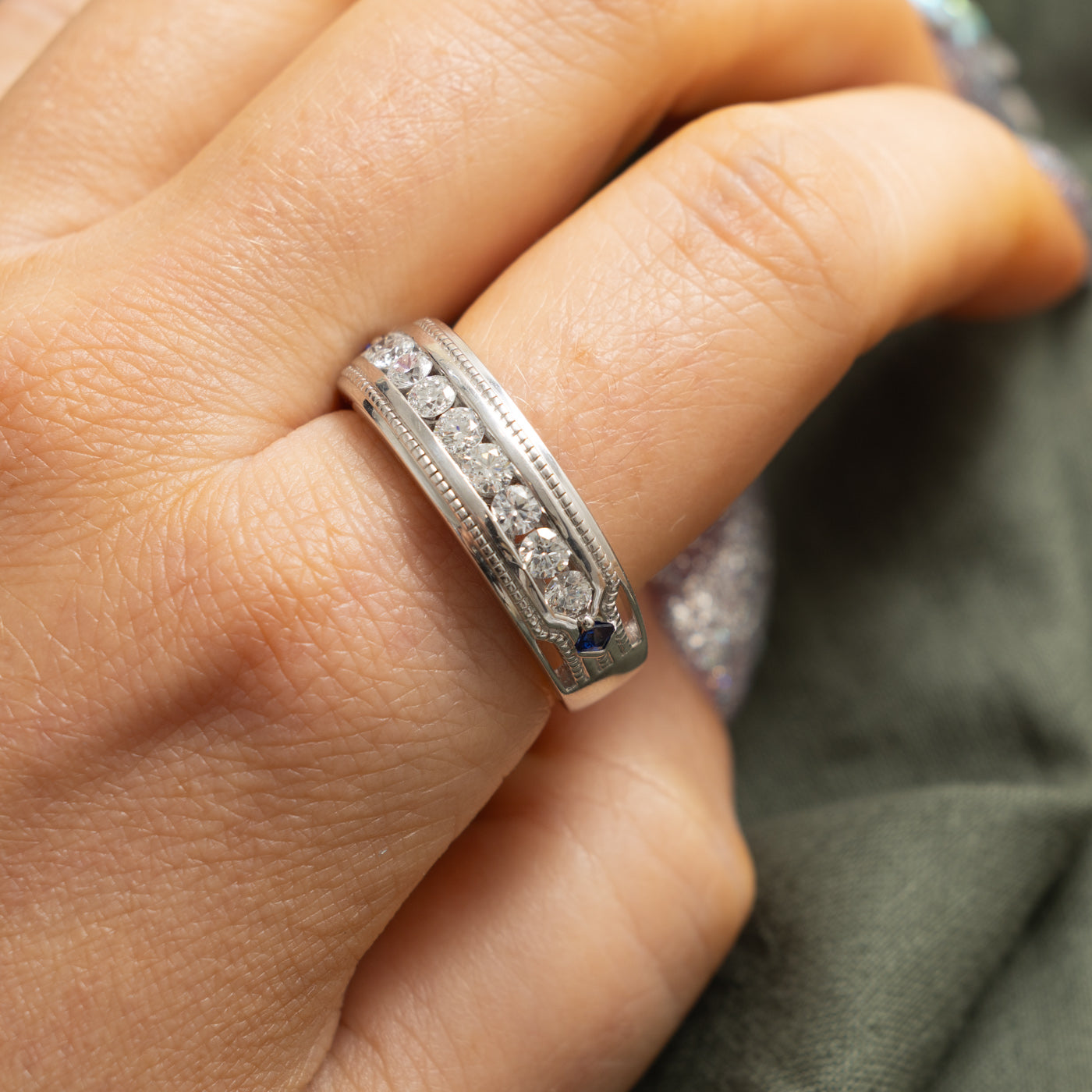 'Vera Wang' Channel Set Diamond & Sapphire Accented Band | 0.90ctw, 0.13ctw | 5.10mm | SZ 12.25