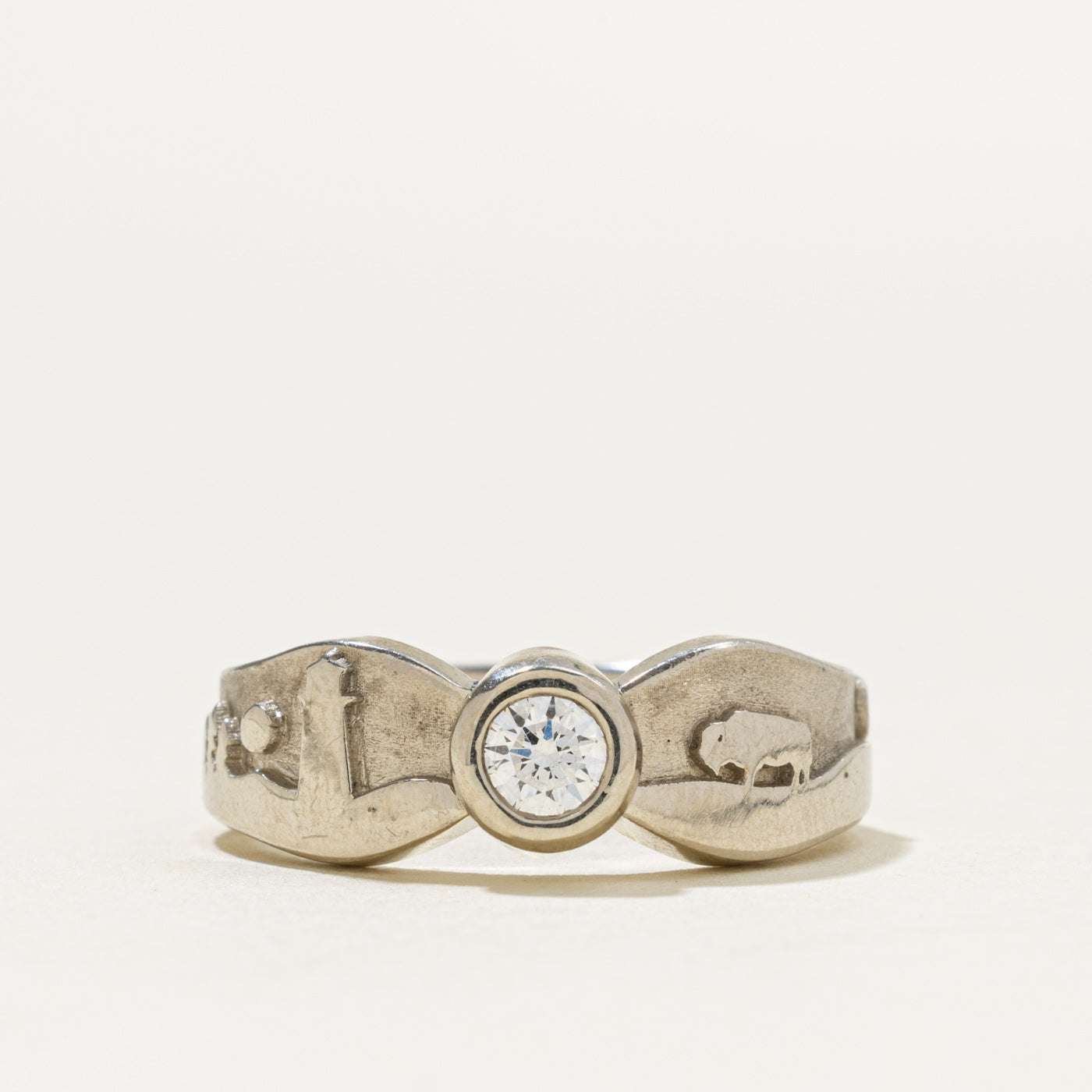 14k Solitaire Diamond Engraved & Matte Bison Ring | 0.38ct VS2 G VG | SZ 7.25