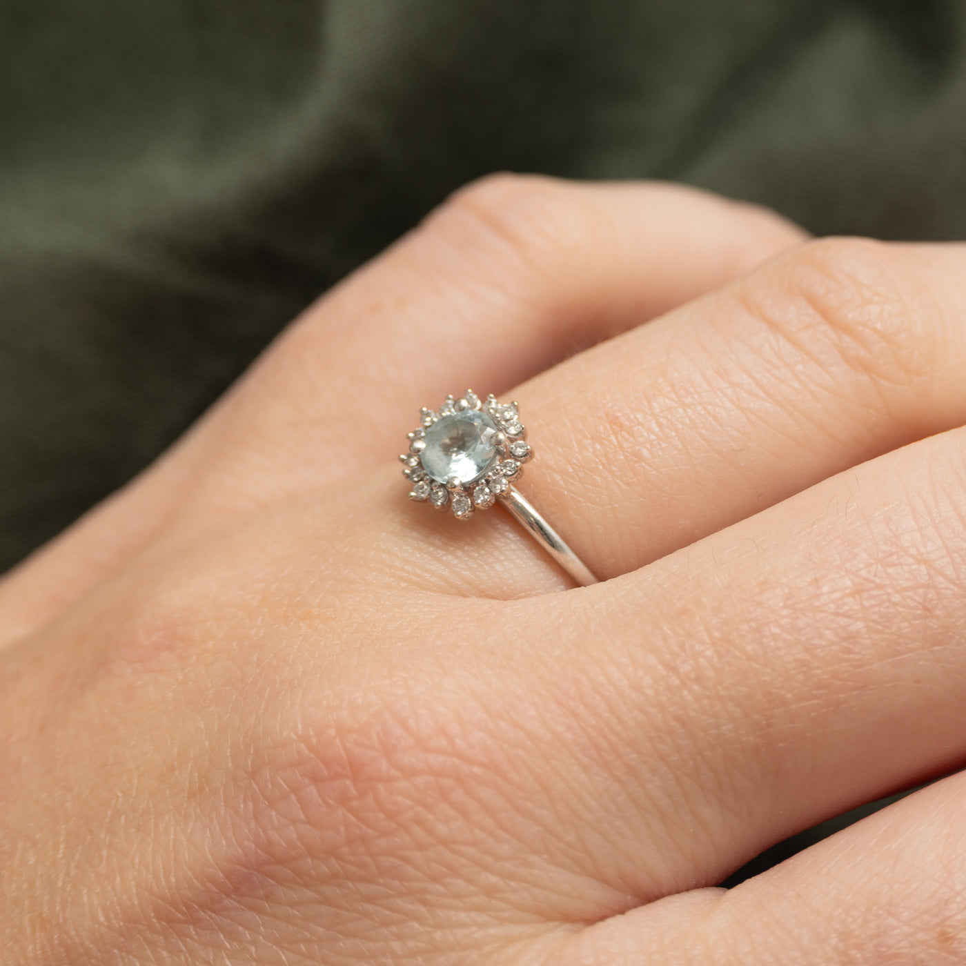 White Gold Aquamarine & Diamond Snowflake Ring | 0.38ct, 0.08ctw | SZ 4.75