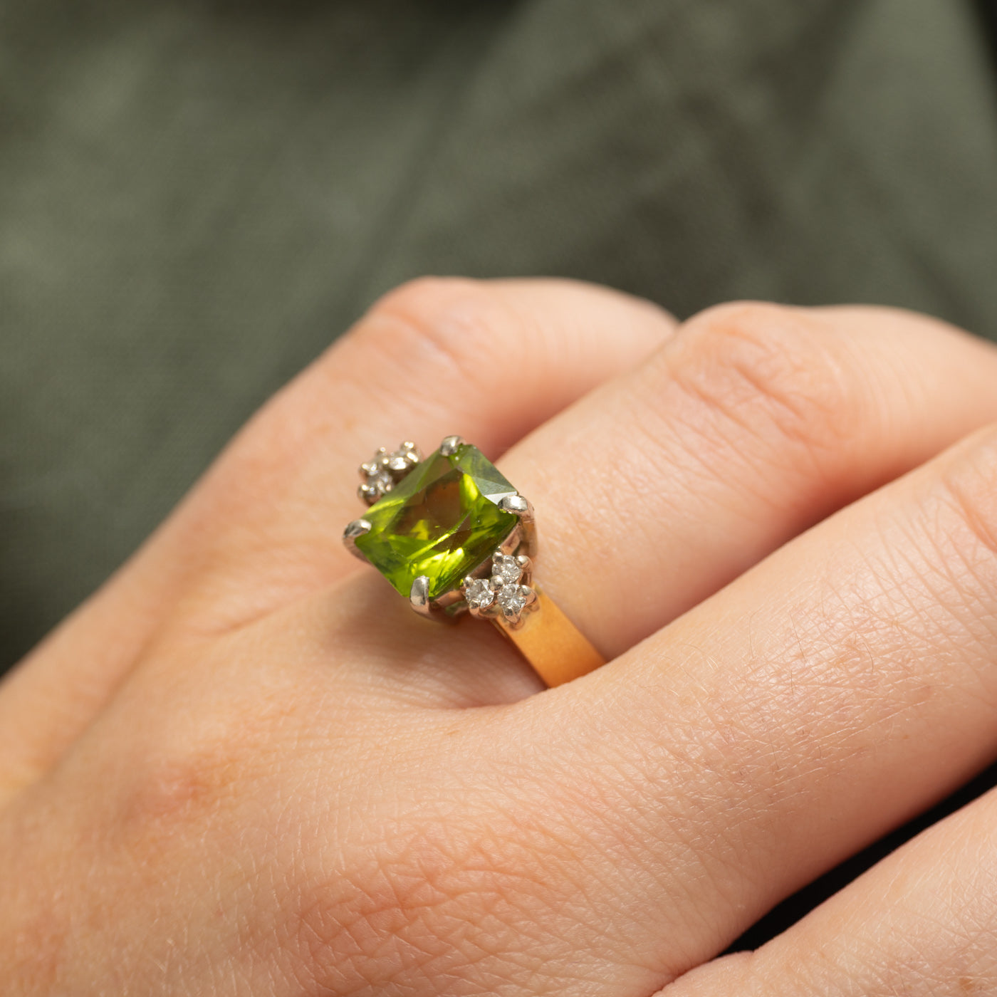 18k Radiant Cut Peridot & Diamond Accented Ring | 3.70ct, 0.12ctw | SZ 6.5
