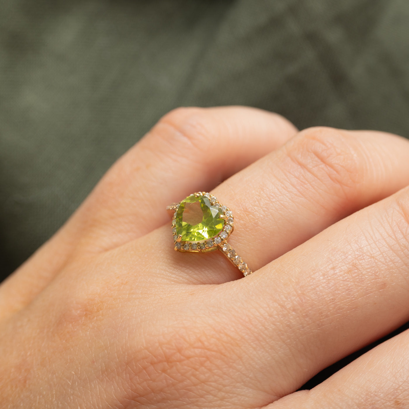 18k Heart Cut Peridot & Chocolate Diamond Halo Ring | 1.50ct, 0.22ctw | SZ 7