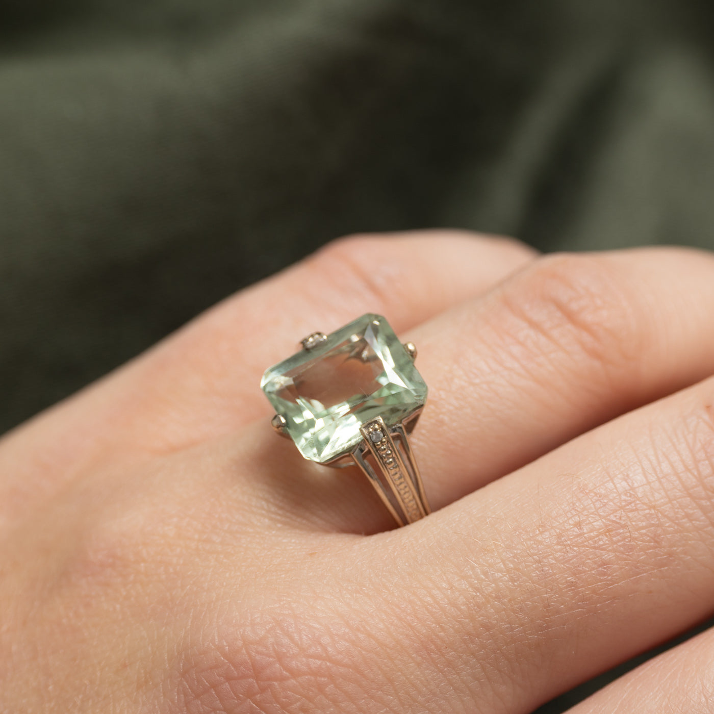 Basket Set Radiant Cut Prasiolite & Diamond Cocktail Ring | 3.00ct, 0.01ctw | SZ 8.75