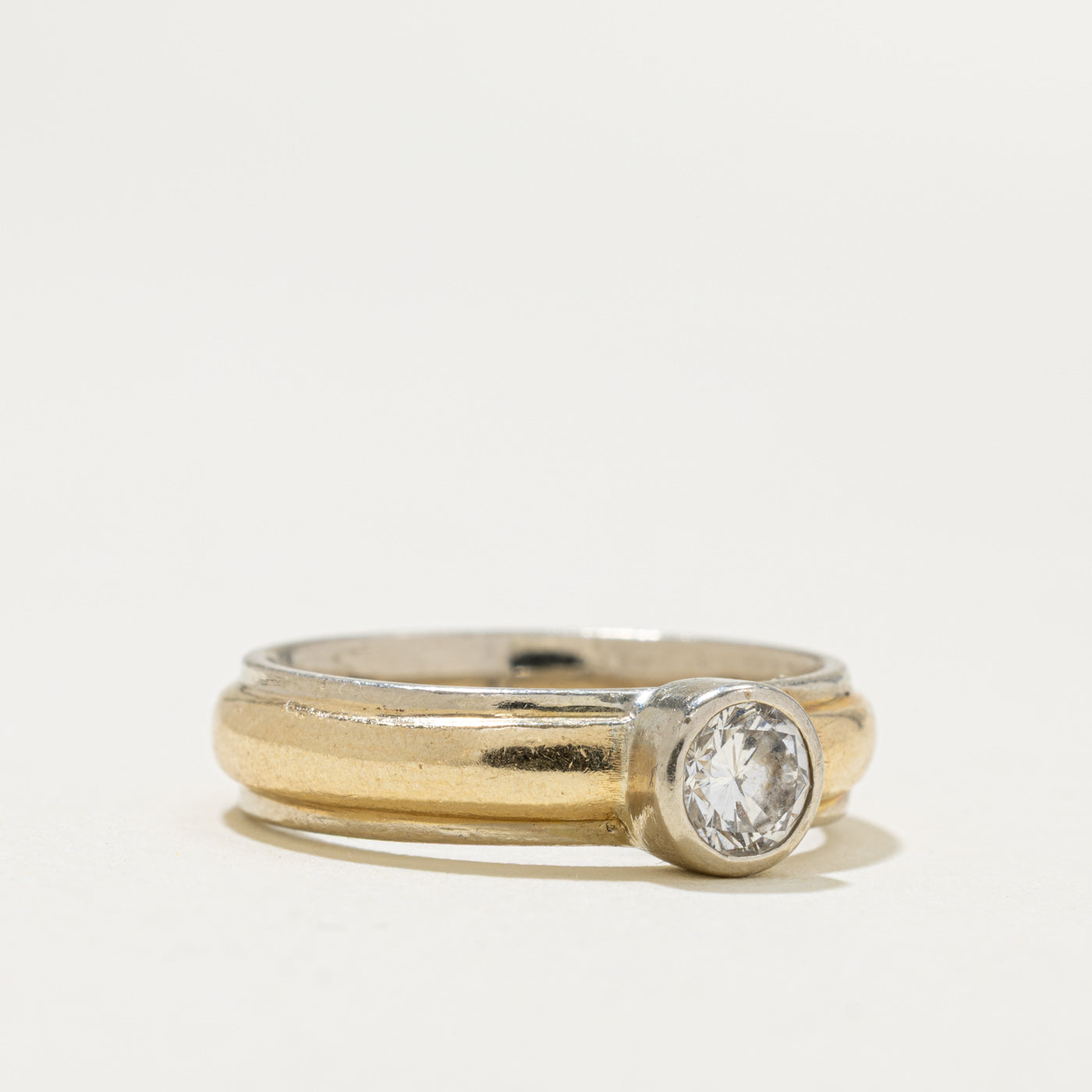 14k Two Tone Solitaire Diamond Grooved Engagement Ring | 0.56ct SI1 K | SZ 6