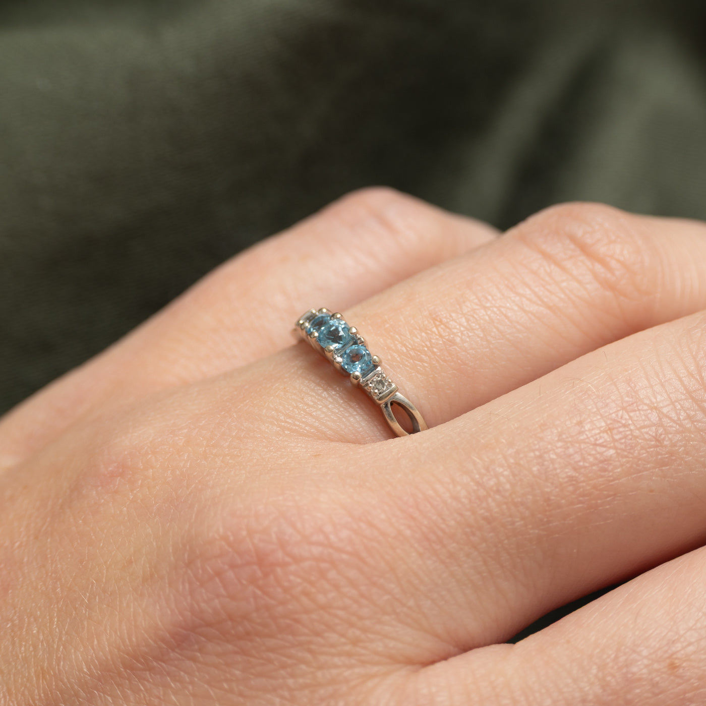 Three Stone Blue Topaz & Diamond Openwork Ring | 0.20ctw, 0.02ctw | SZ 6.5