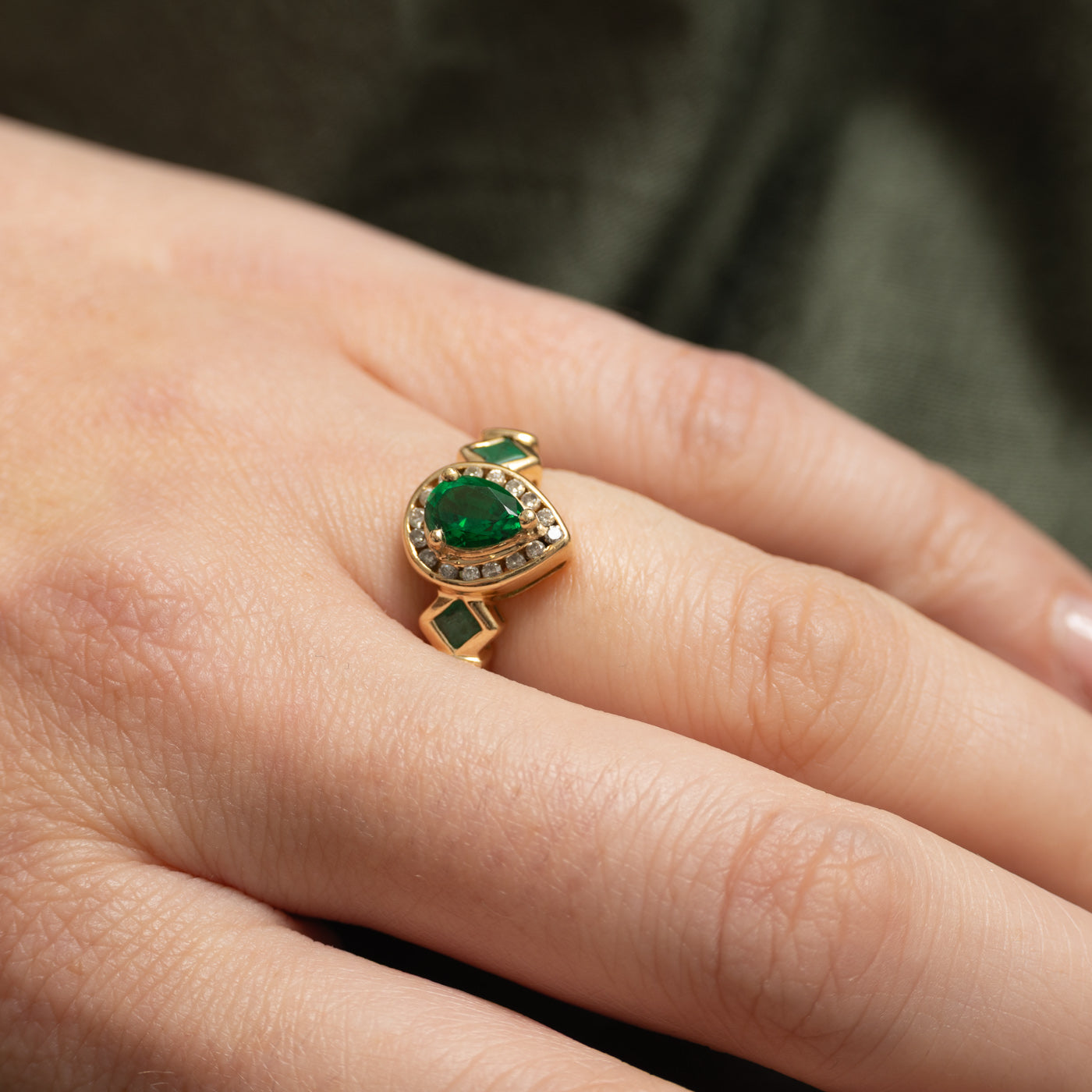 Pear Cut Green Paste Glass, Emerald & Diamond Halo Ring | 0.90ct, 0.20ctw | SZ 4.5