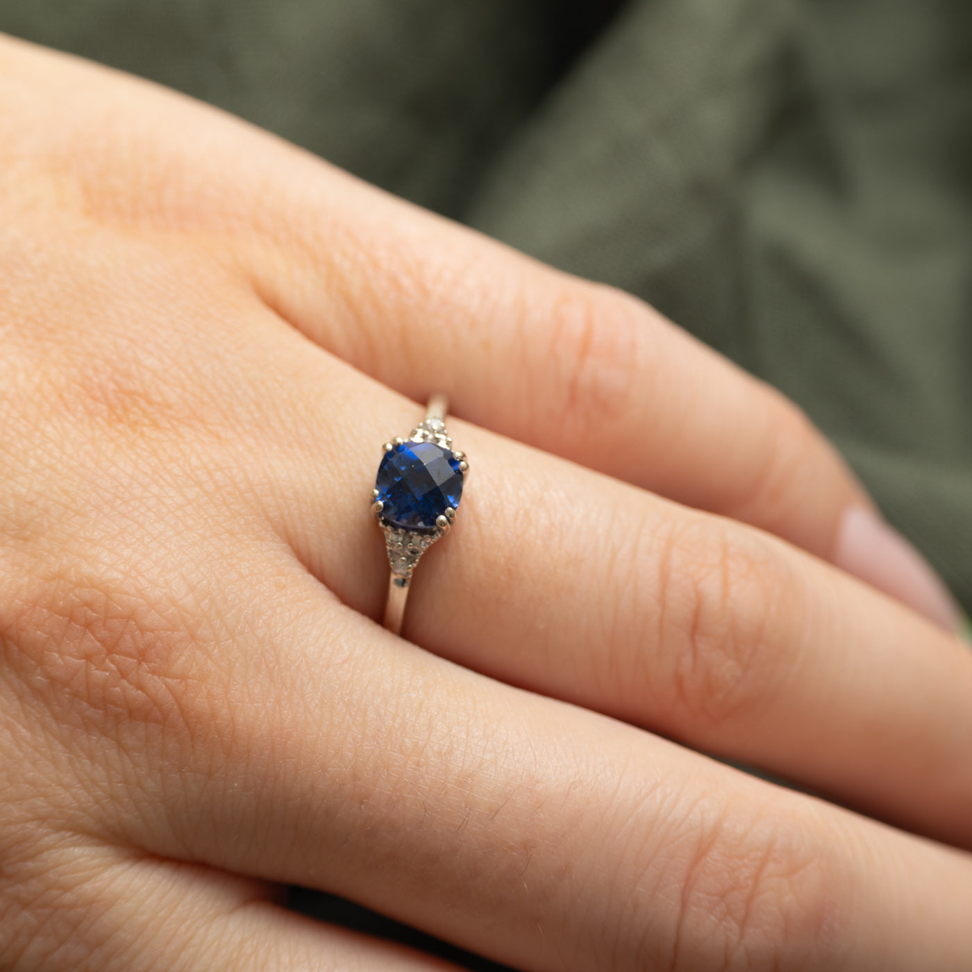 Cushion Cut Synthetic Sapphire & Natural Diamond Ring | 1.25ct, 0.01ctw | SZ 6.5