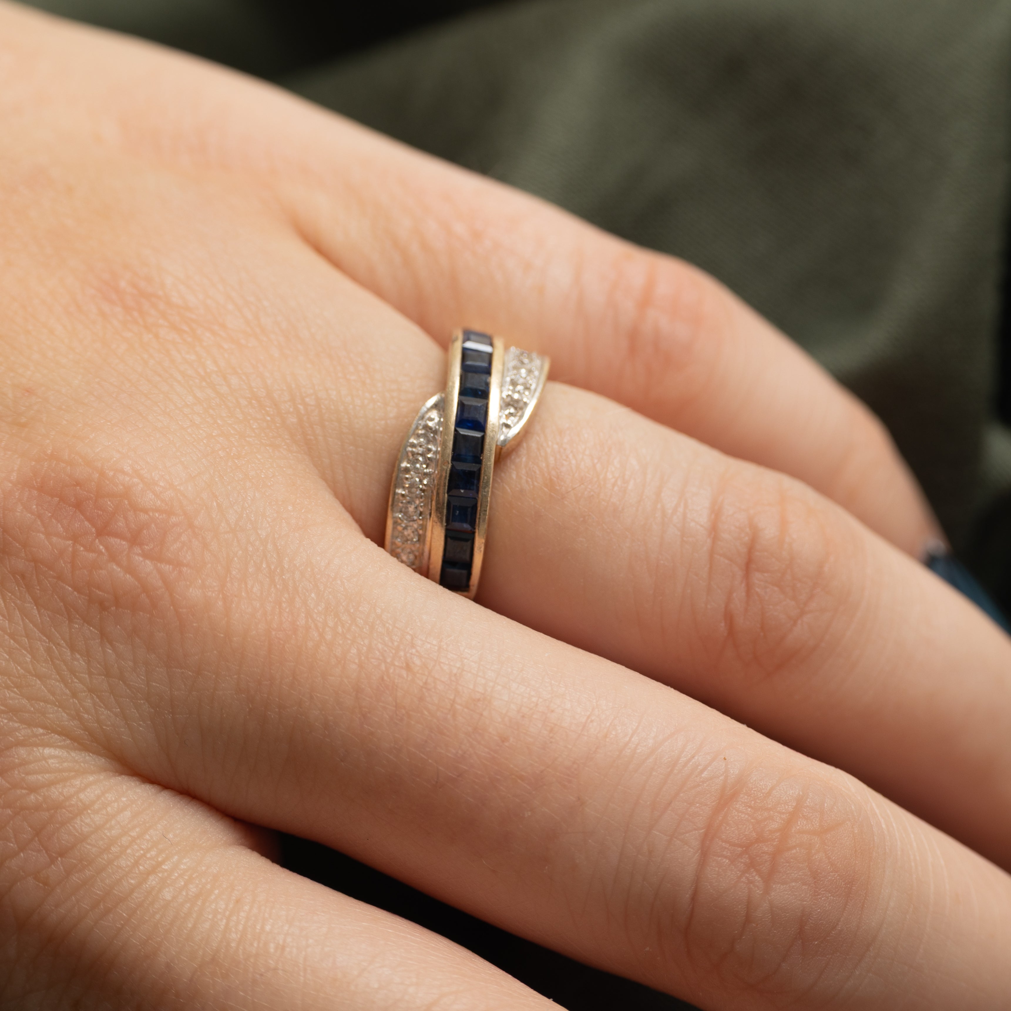 Channel Set Sapphire & Diamond Cross Over Ring | 0.80ctw, 0.12ctw | SZ 5.5