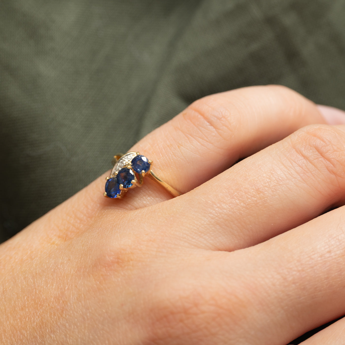 Oval Cut Three Stone Sapphire & Diamond Bypass Ring | 0.80ctw, 0.03ctw | SZ 4.25