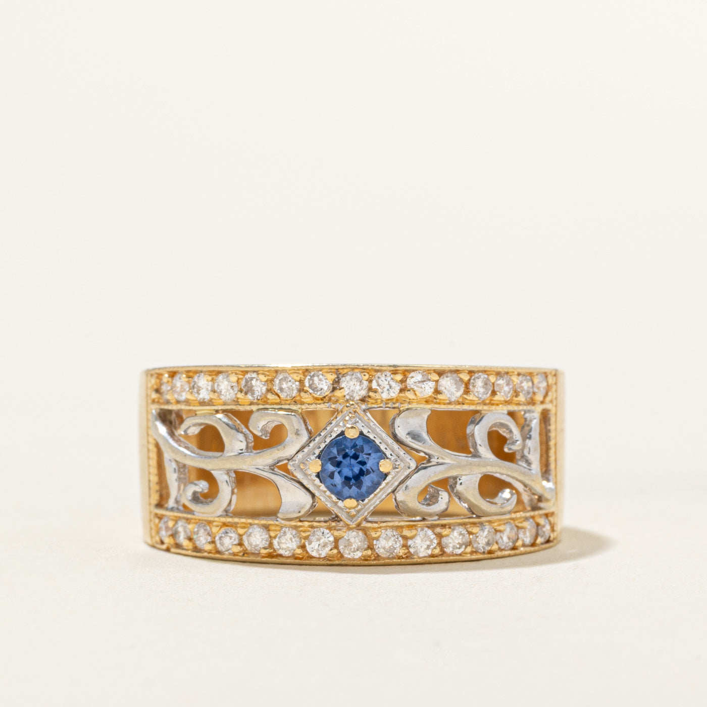 Sapphire & Diamond Edged Ornate Openwork Band | 0.30ct, 0.15ct | SZ 9