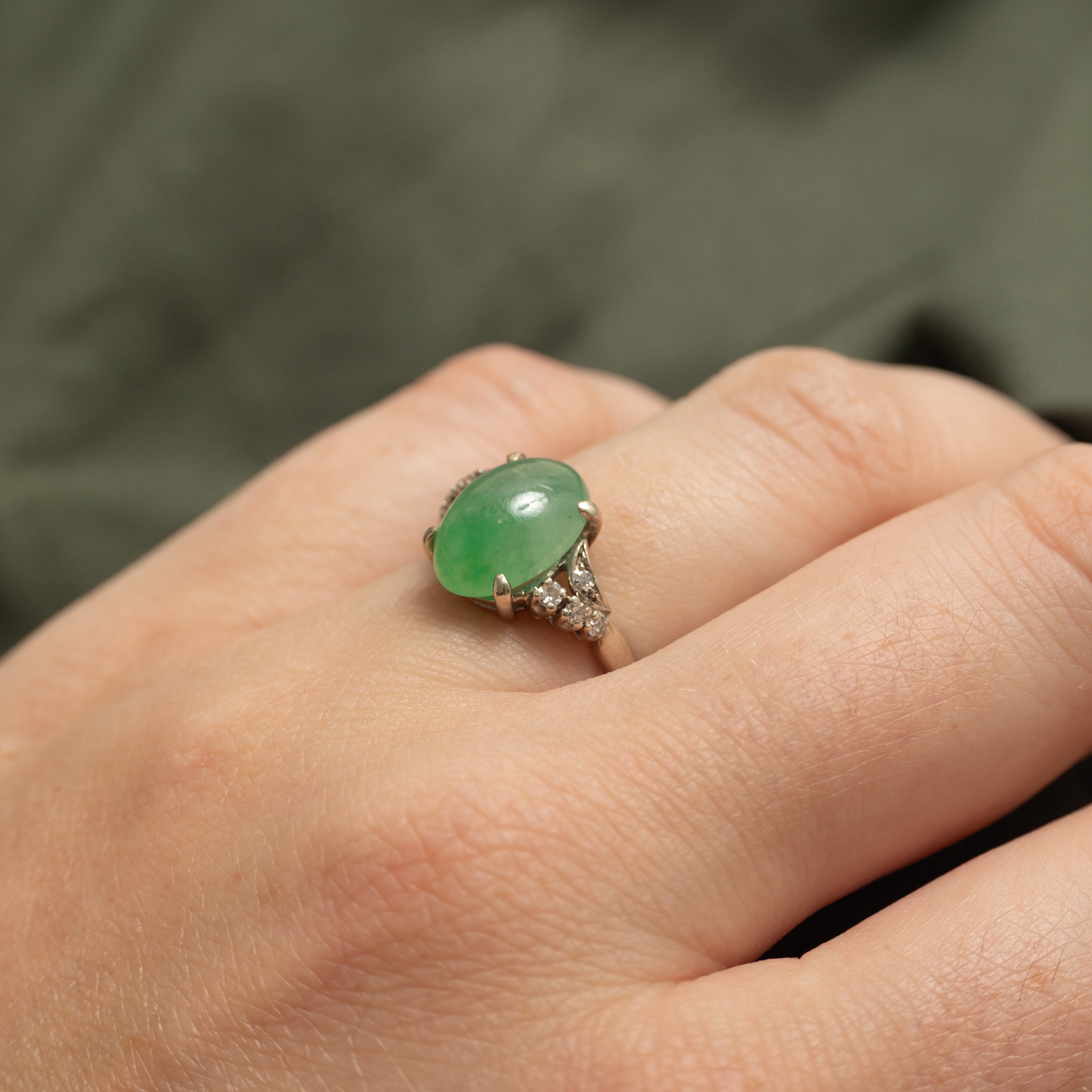 Oval Cabochon Jadeite & Diamond Ring | 4.33ct, 0.08ctw | SZ 5.25