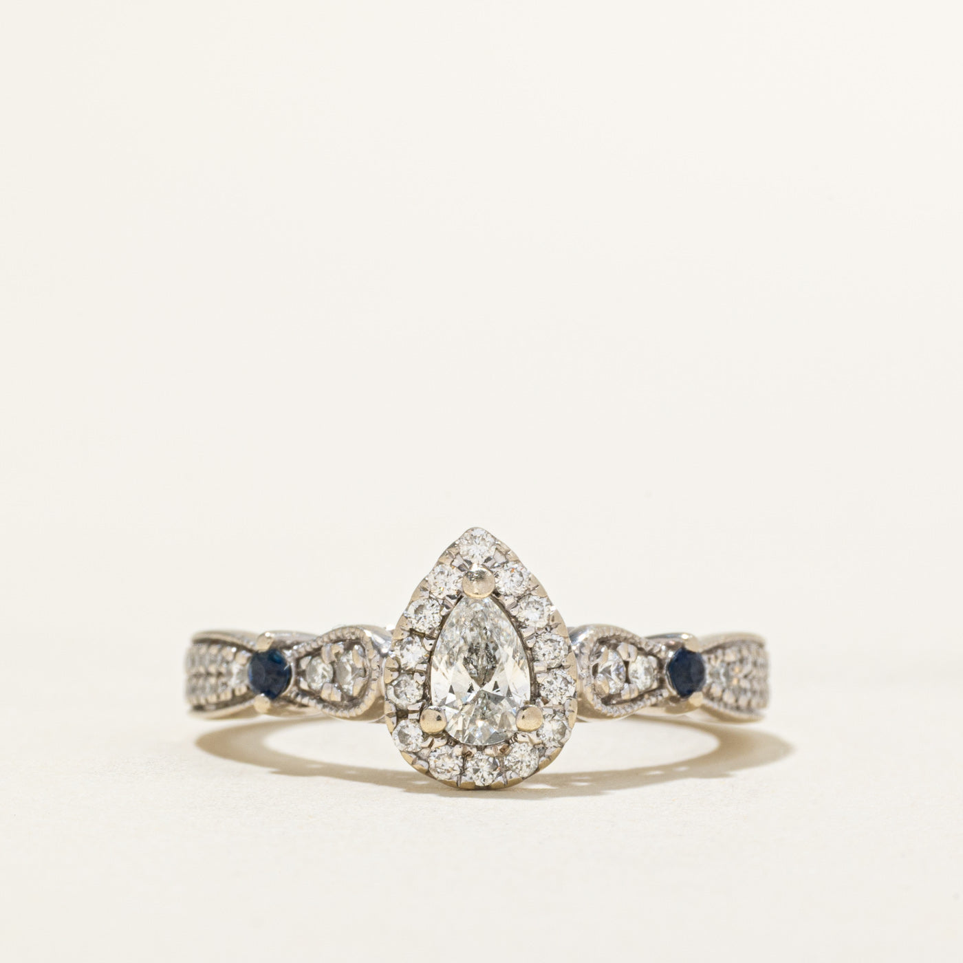 Pear Cut Diamond Halo & Sapphire Ring | 0.65ctw, 0.15ctw | SZ 8.25