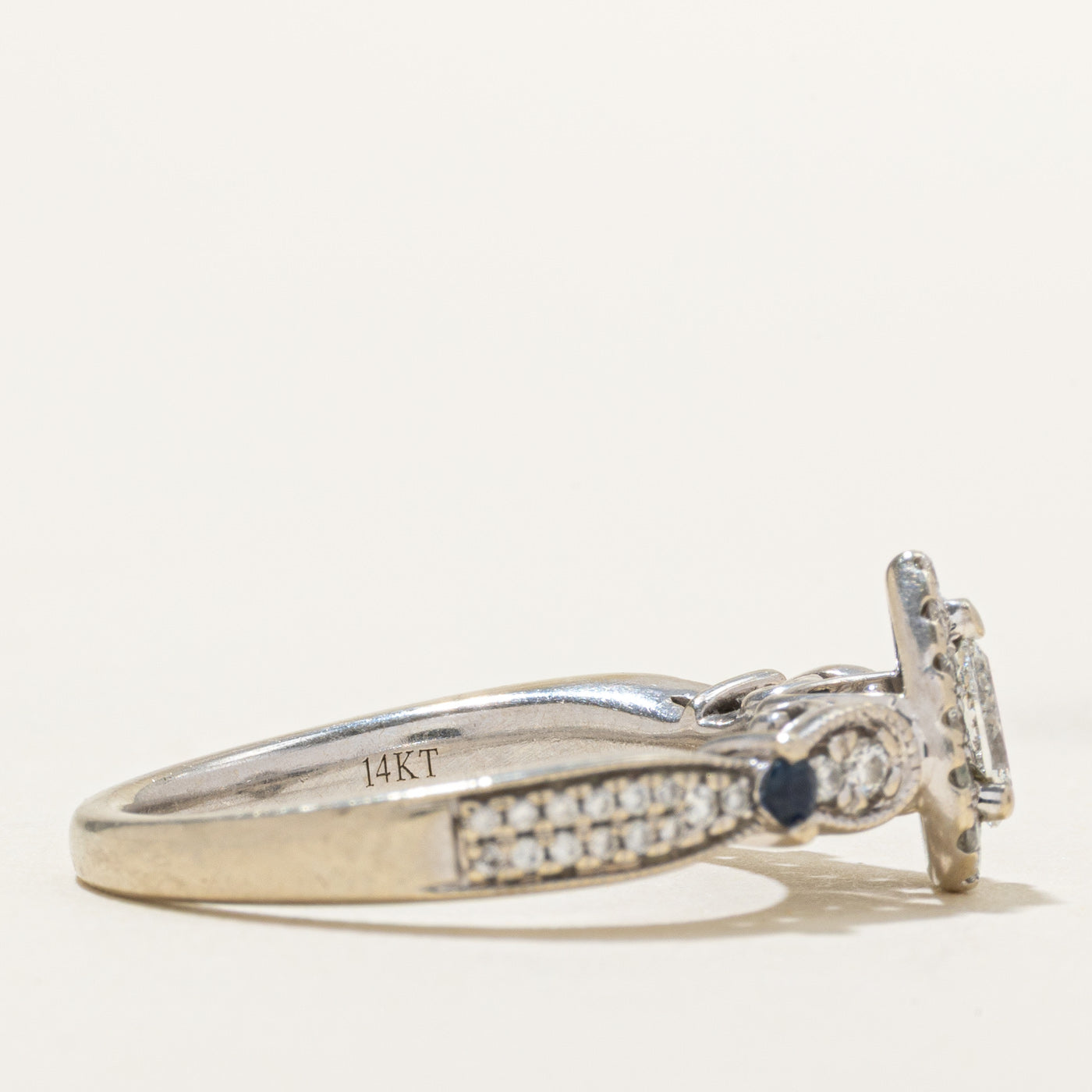 Pear Cut Diamond Halo & Sapphire Ring | 0.65ctw, 0.15ctw | SZ 8.25