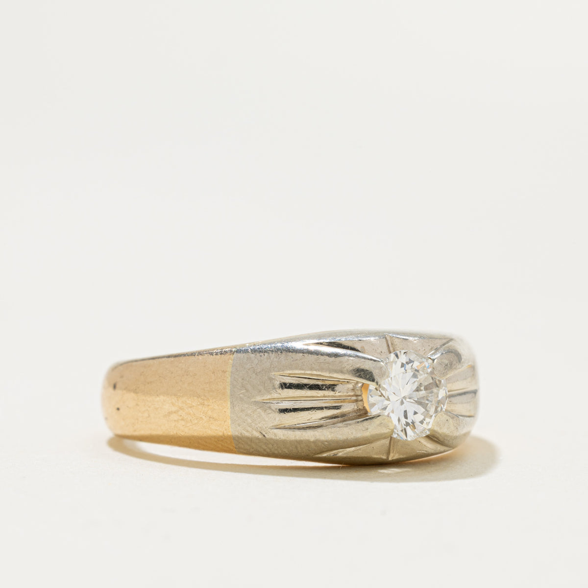 14k Two Tone Solitaire Diamond Engraved Star Dome Ring | 0.48ct I1 K | SZ 8.75