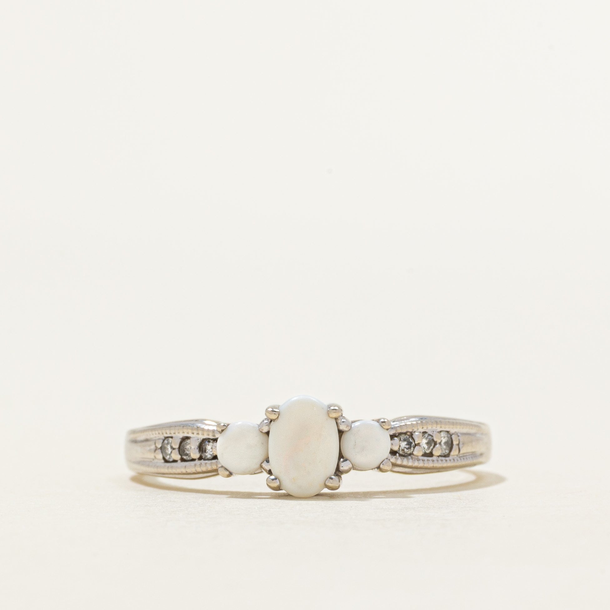 Three Stone Opal & Diamond Ring | 0.21ctw, 0.03ctw | SZ 10