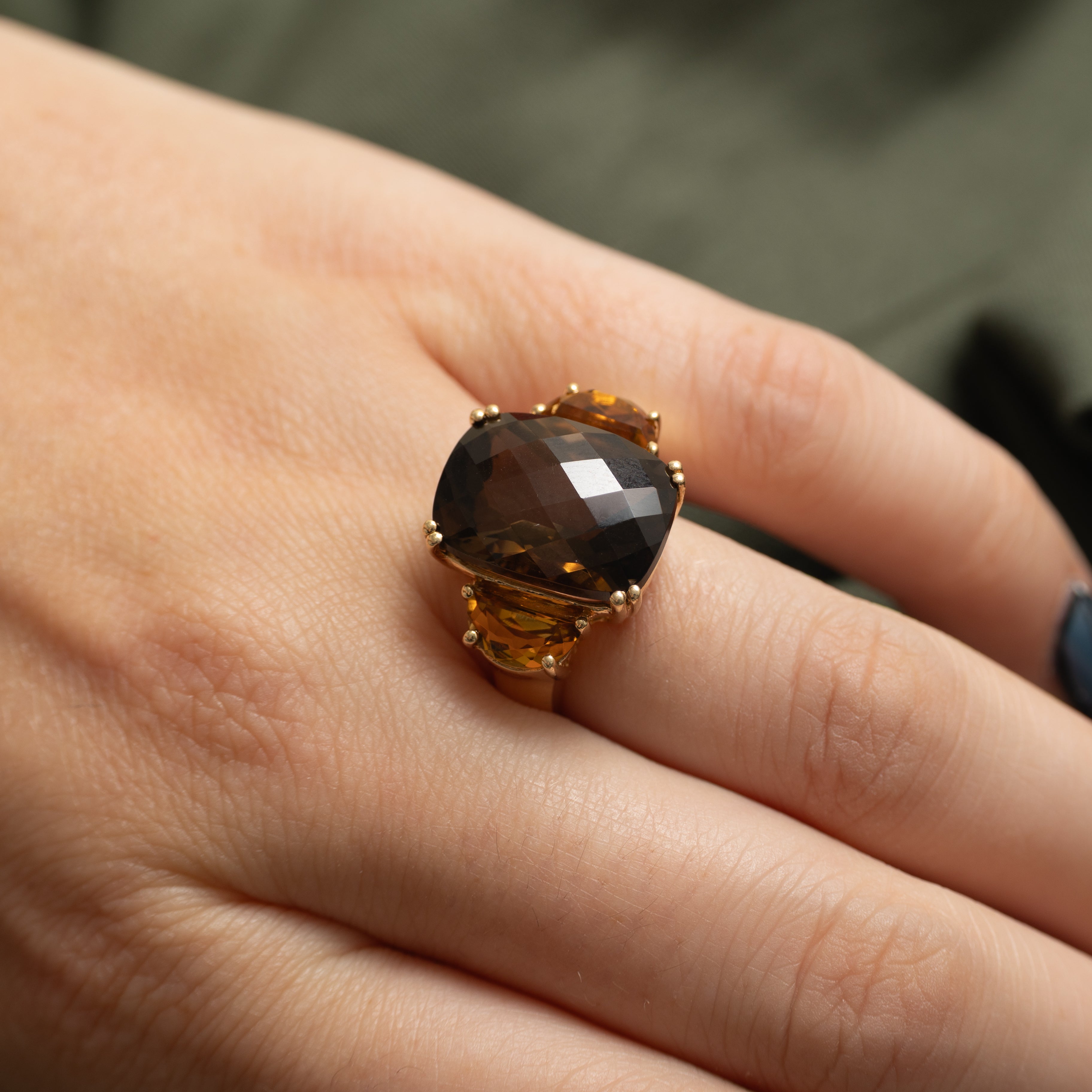 Cushion Cut Smoky Quartz & Citrine Cocktail Ring | 14.00ct, 1.64ctw | SZ 7.25