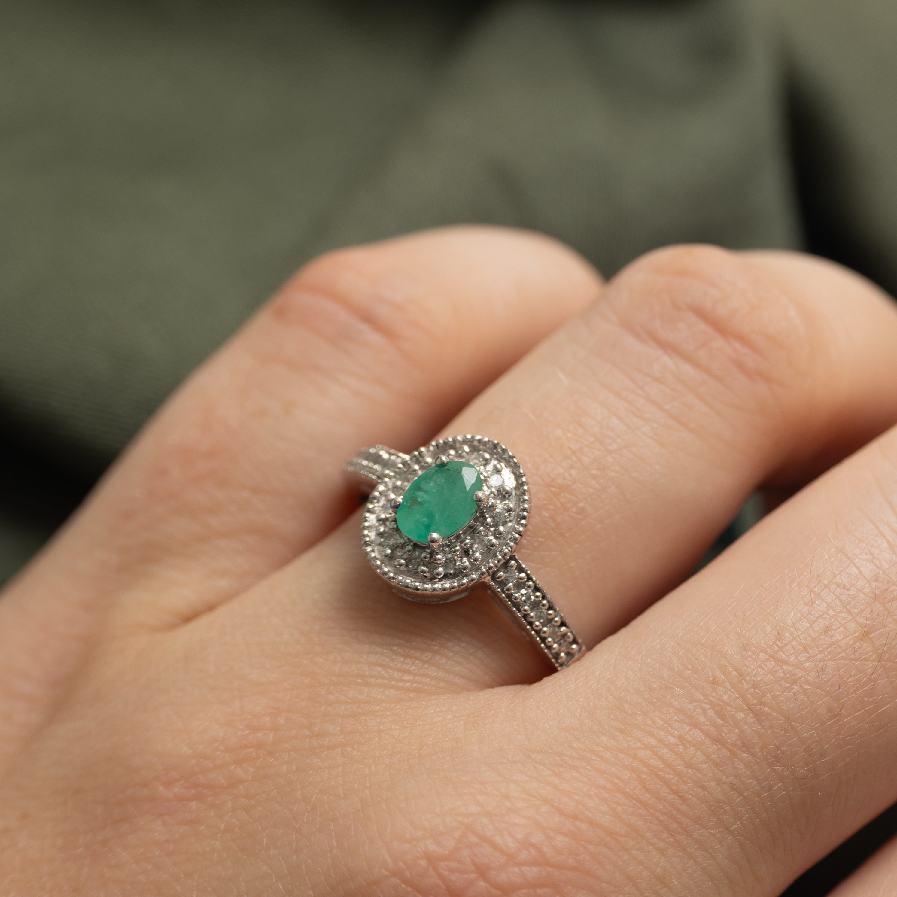 Oval Cut Emerald & Diamond Halo Ring | 0.36ct, 0.10ctw | SZ 9