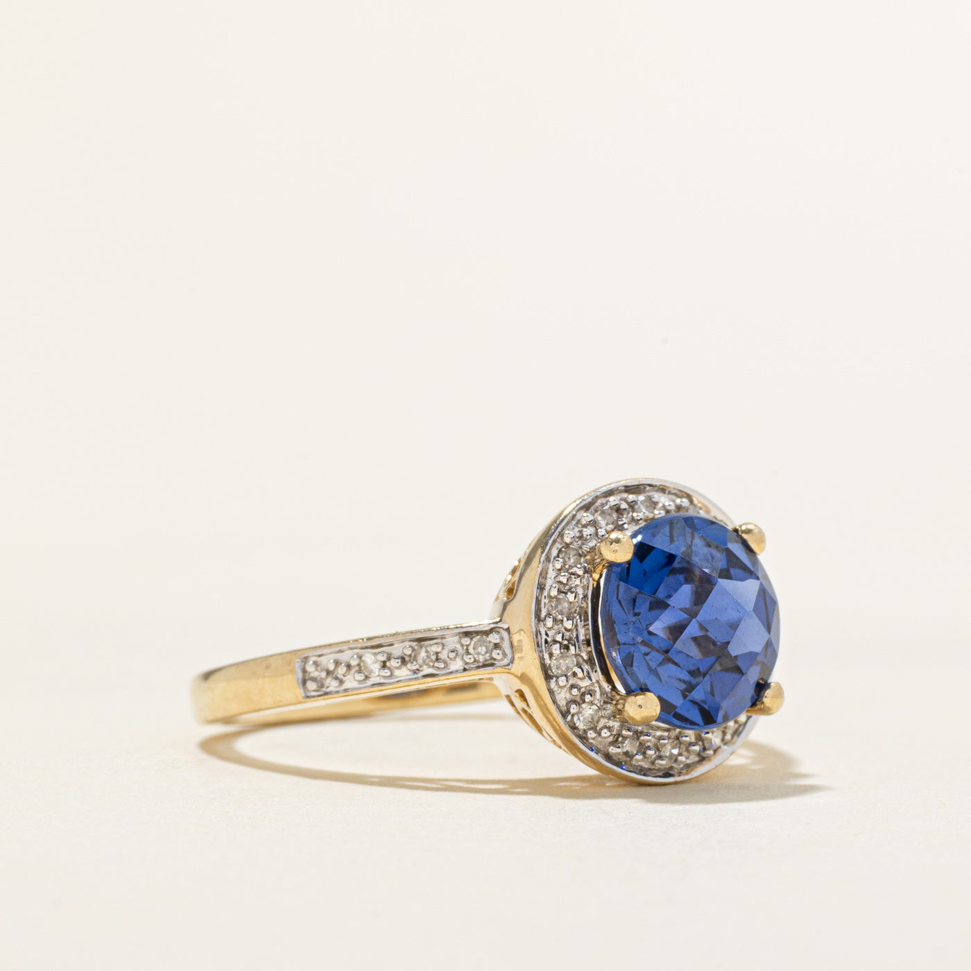 Synthetic Sapphire & Diamond Halo Ornate Ring | 2.50ct, 0.07ct | SZ 6.5