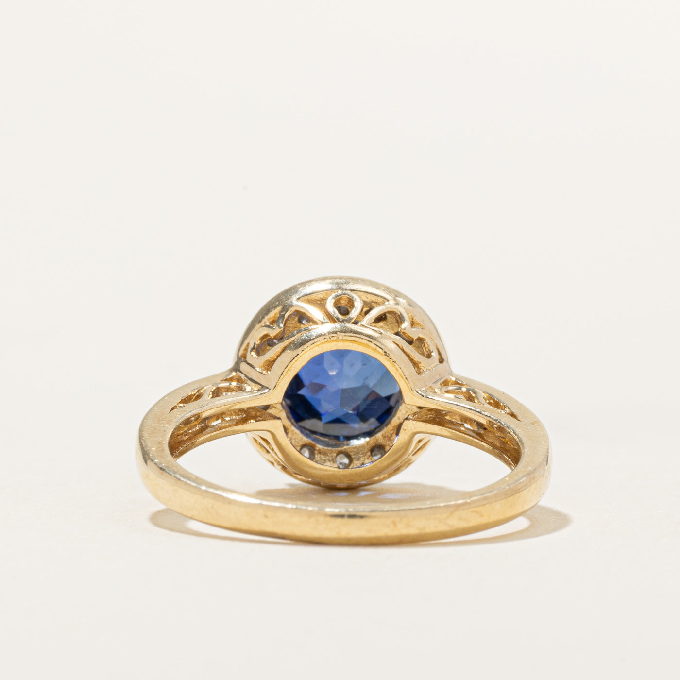 Synthetic Sapphire & Diamond Halo Ornate Ring | 2.50ct, 0.07ct | SZ 6.5