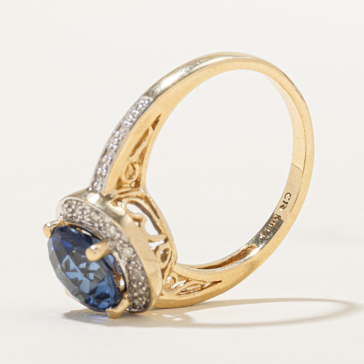 Synthetic Sapphire & Diamond Halo Ornate Ring | 2.50ct, 0.07ct | SZ 6.5