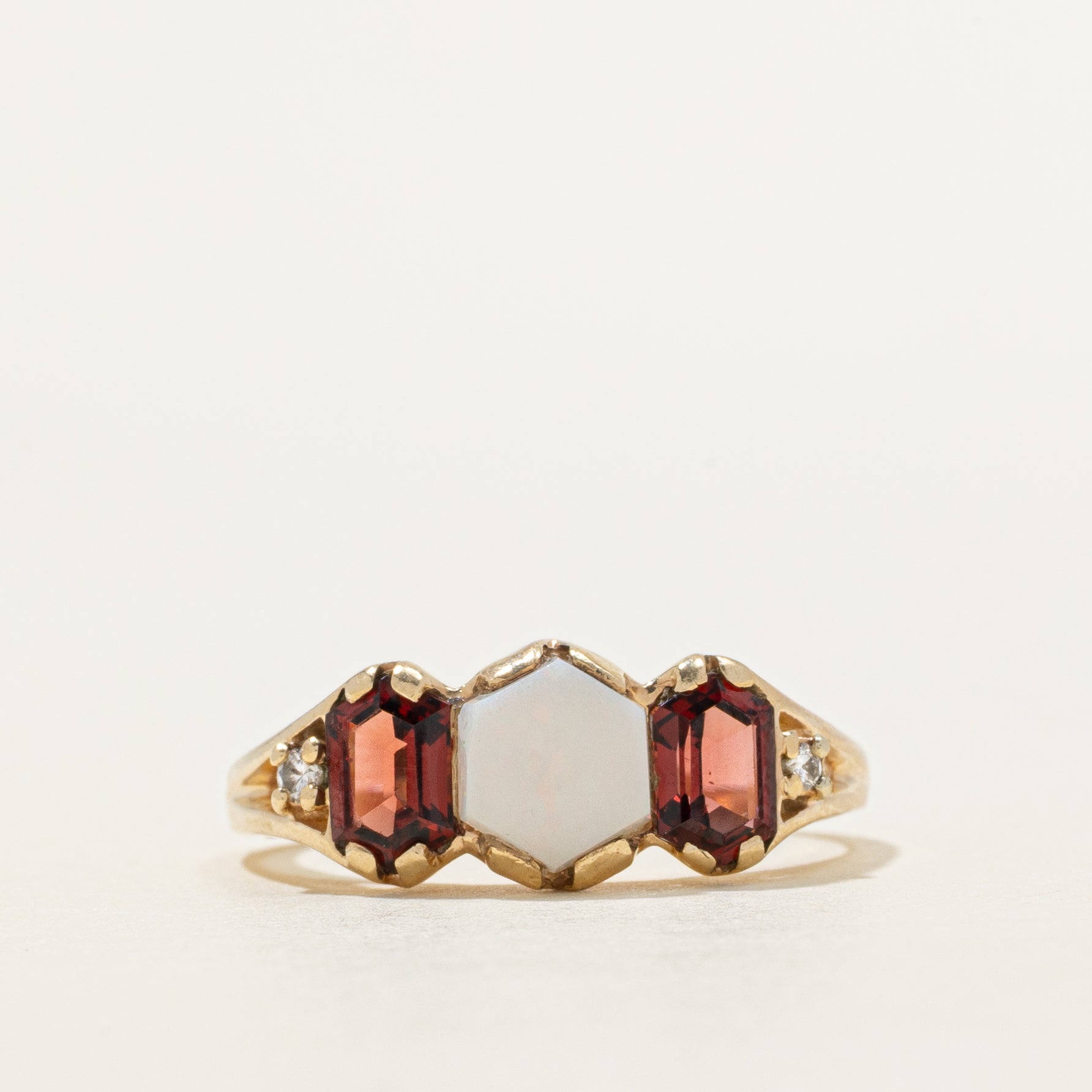 Three Stone Garnet, Opal & Diamond Ring | 0.94ctw, 0.41ct | SZ 8