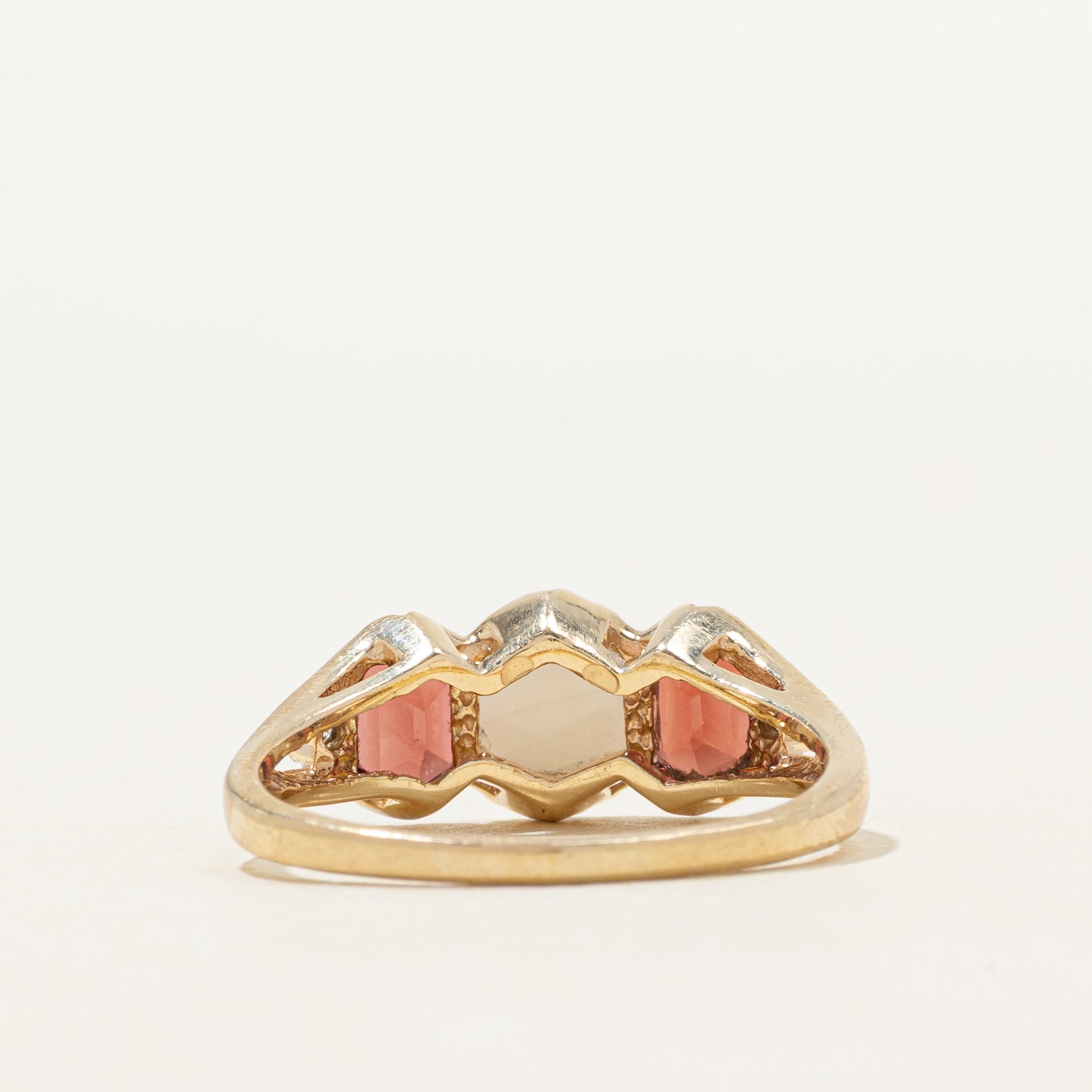 Three Stone Garnet, Opal & Diamond Ring | 0.94ctw, 0.41ct | SZ 8