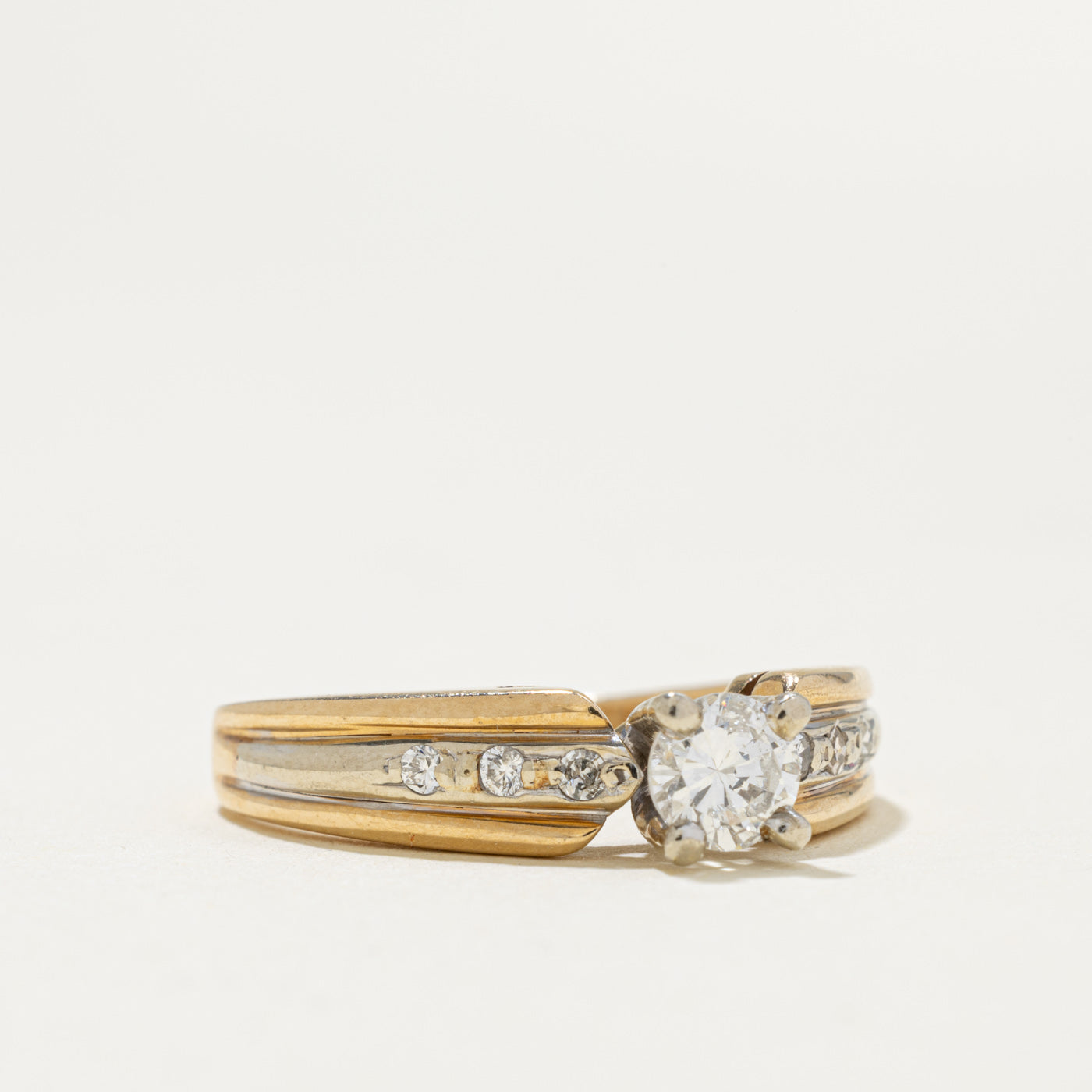 14k Two Tone Diamond Grooved Ring | 0.40ct I1 K, 0.12ctw | SZ 8.25