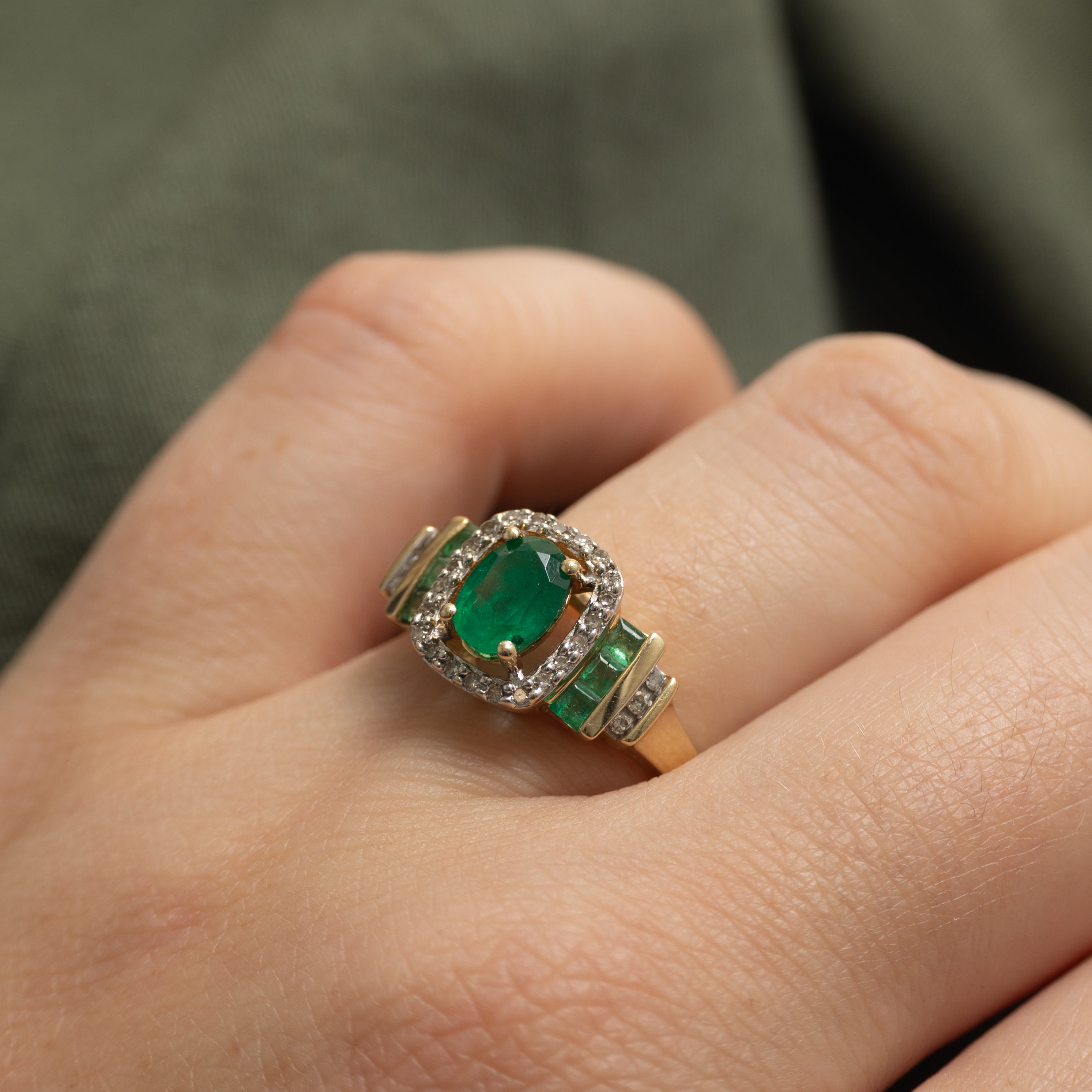 Emerald & Diamond Halo Cocktail Ring | 0.68ctw, 0.66ctw | SZ 7