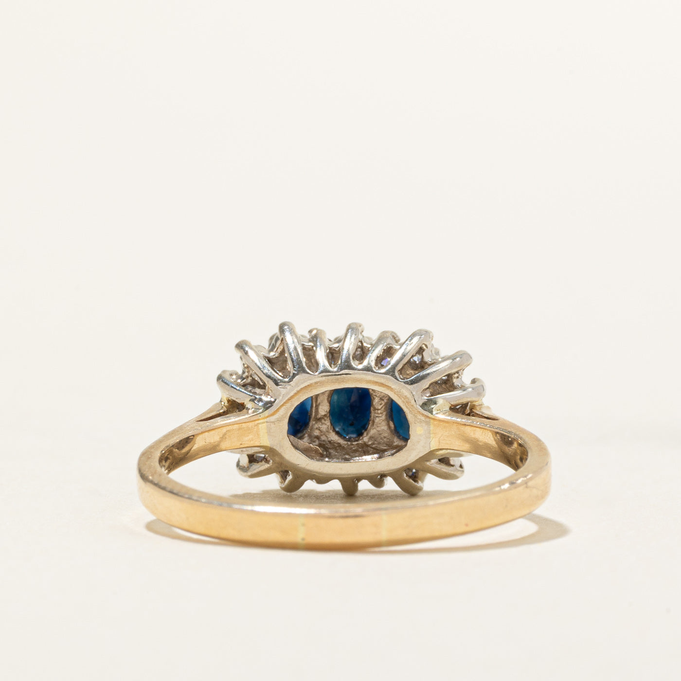 Oval Cut Three Stone Sapphire & Diamond Petal Halo Ring | 0.90ctw, 0.18ctw | SZ 8