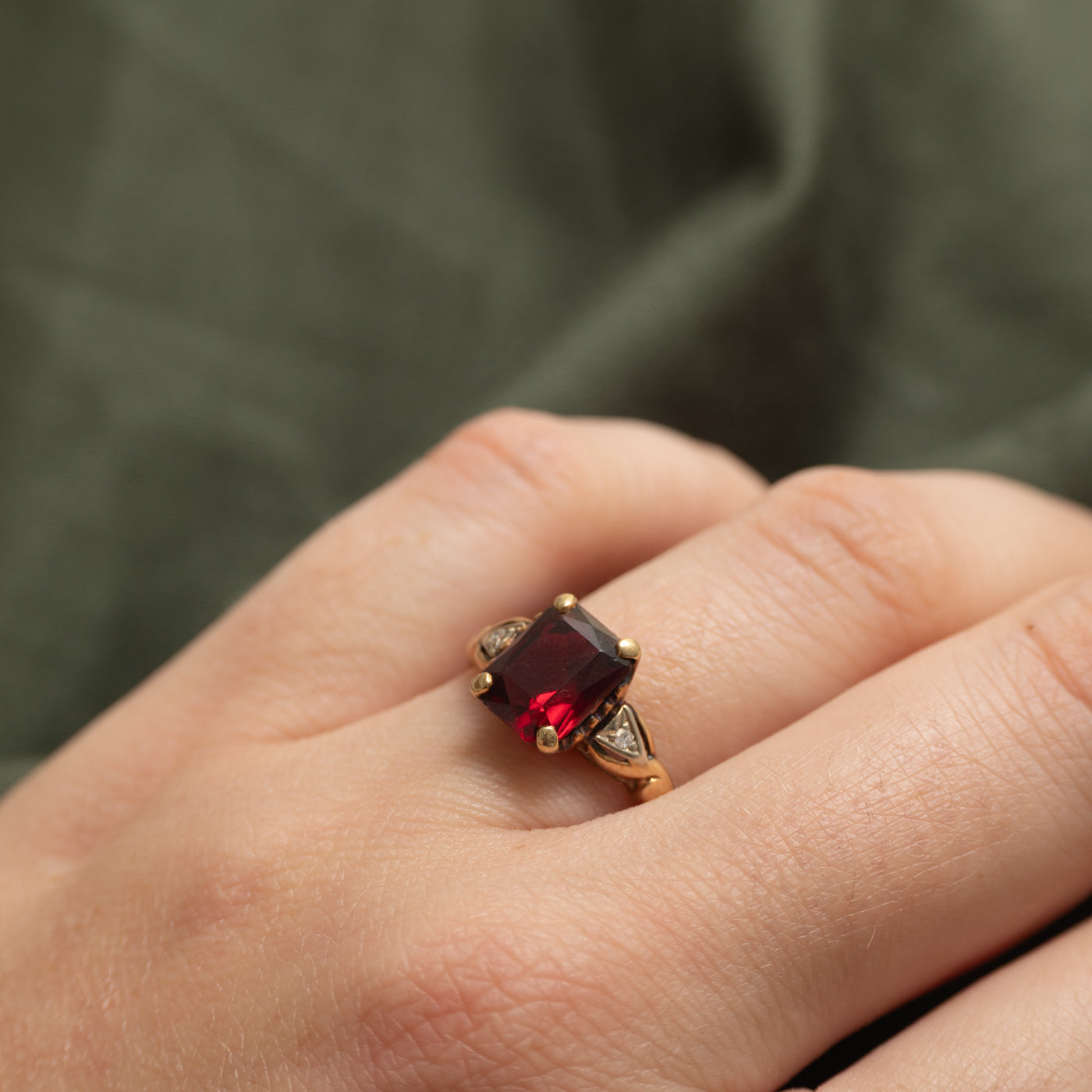 Radiant Cut Synthetic Ruby & Natural Diamond Ring | 3.00ct, 0.02ct | SZ 7