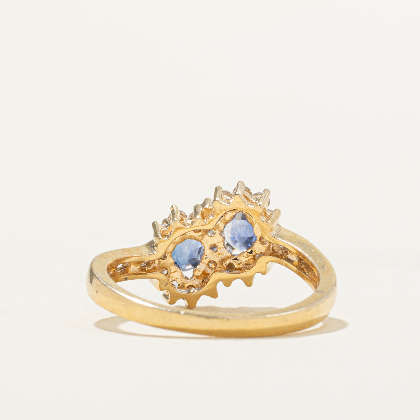 18k Two Stone Sapphire & Diamond Petal Halo Bypass Ring | 0.64ctw, 0.38ctw | SZ 6