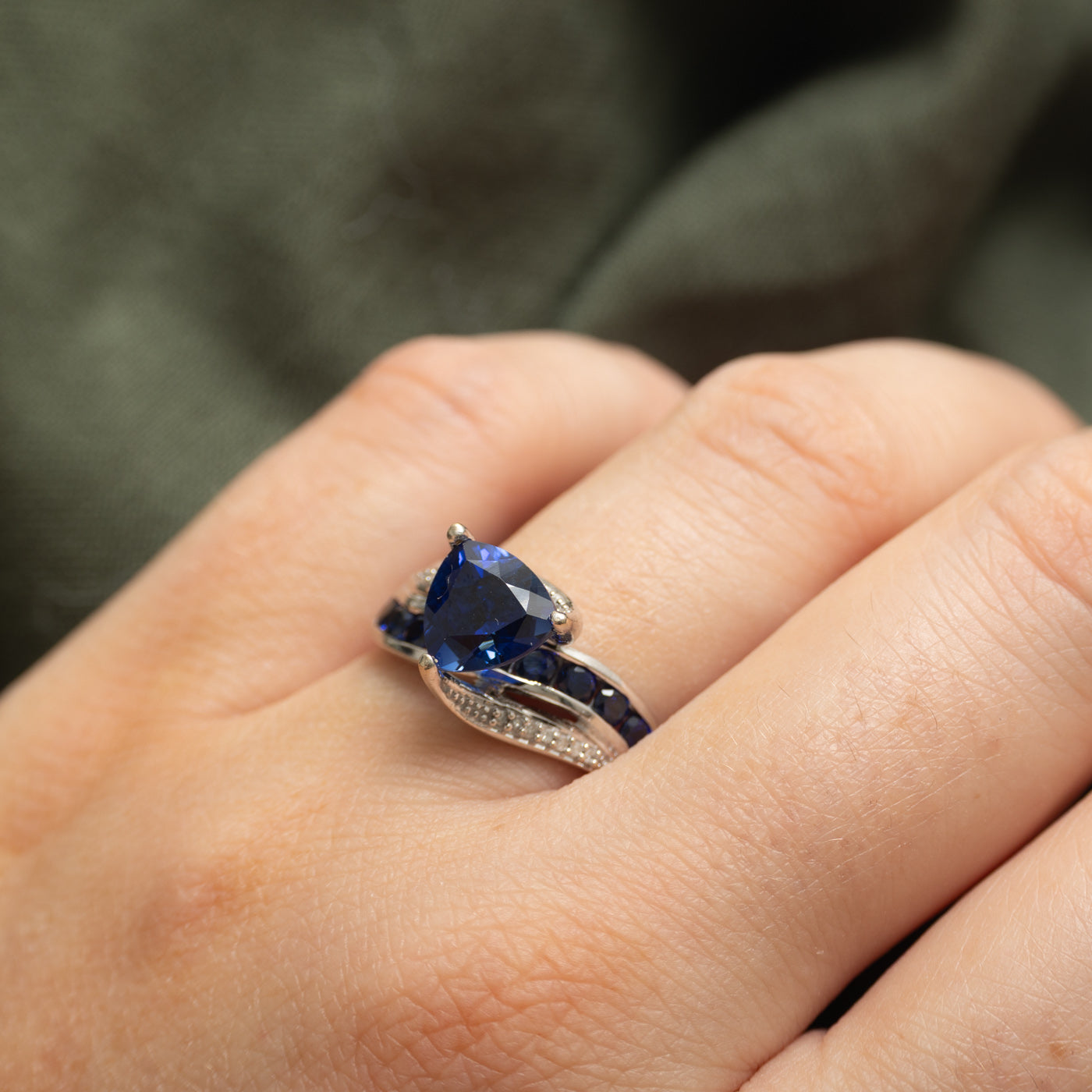 Solitaire Synthetic Sapphire & Diamond Bypass Ring | 3.84ctw, 0.06ctw | SZ 6.75