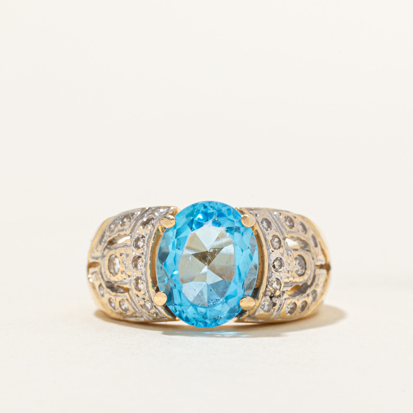 Oval Cut Blue Topaz & Diamond Accented Cocktail Ring | 2.86ct, 0.28ct | SZ 6.75