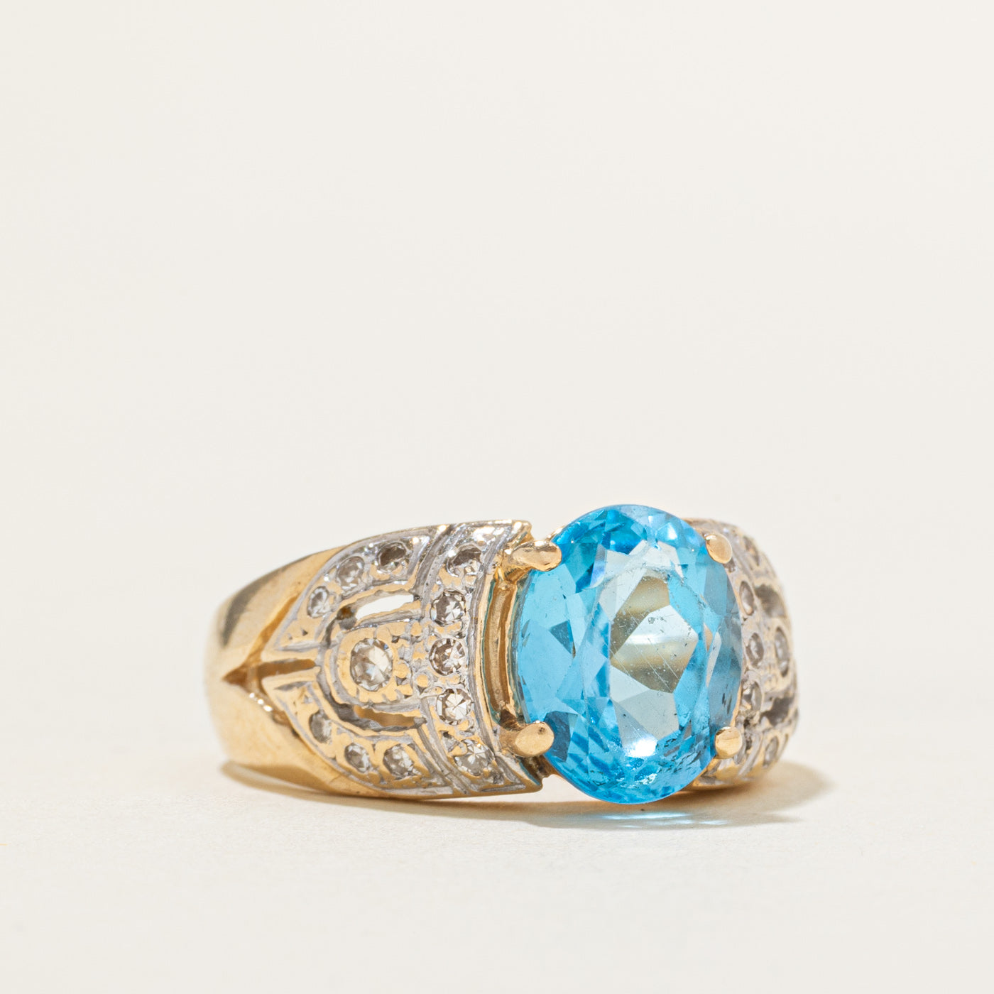 Oval Cut Blue Topaz & Diamond Accented Cocktail Ring | 2.86ct, 0.28ct | SZ 6.75