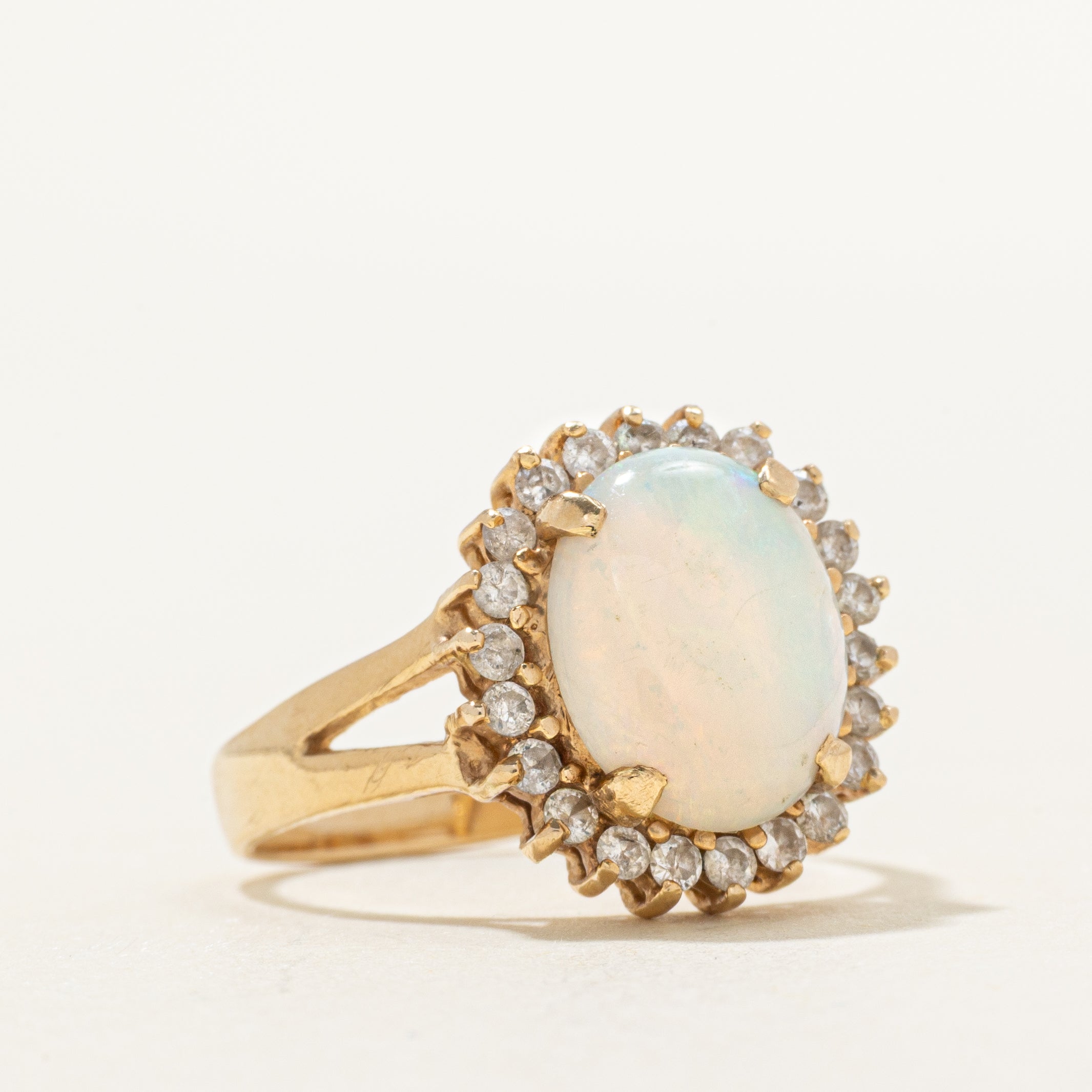Cabochon Opal & Diamond Halo Petal Ring | 1.51ct, 0.22ctw | SZ 6.75