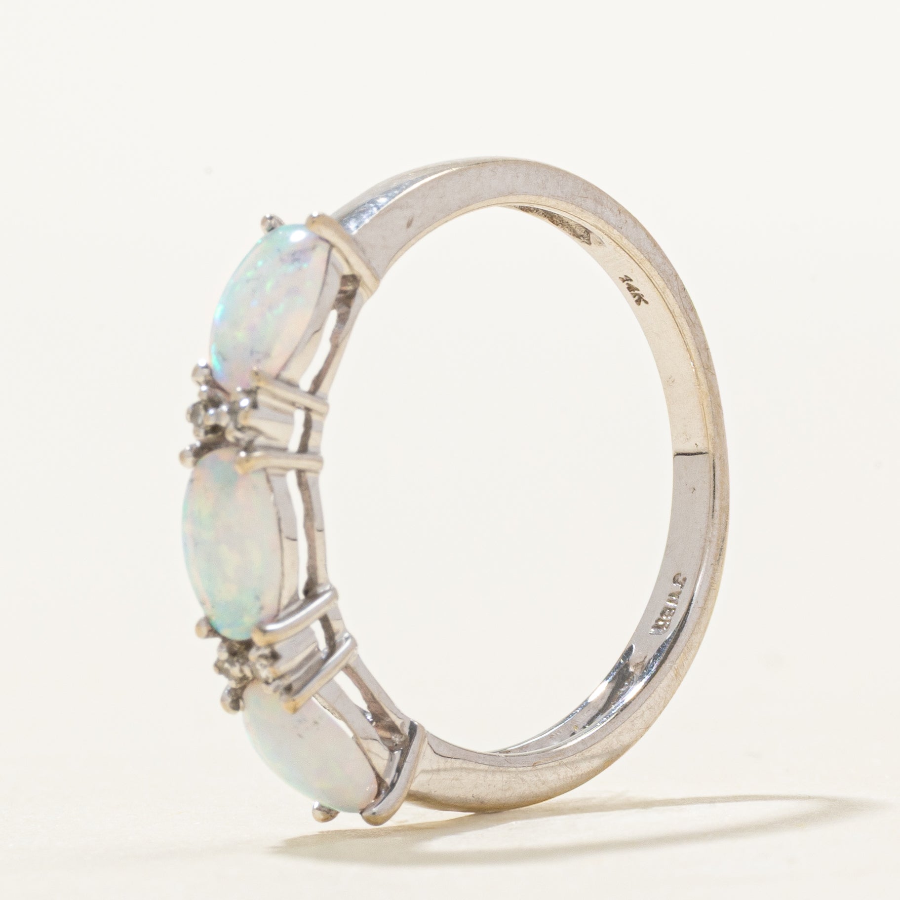 White Gold Three Stone Opal & Diamond Ring | 0.48ctw, 0.004ctw | SZ 7