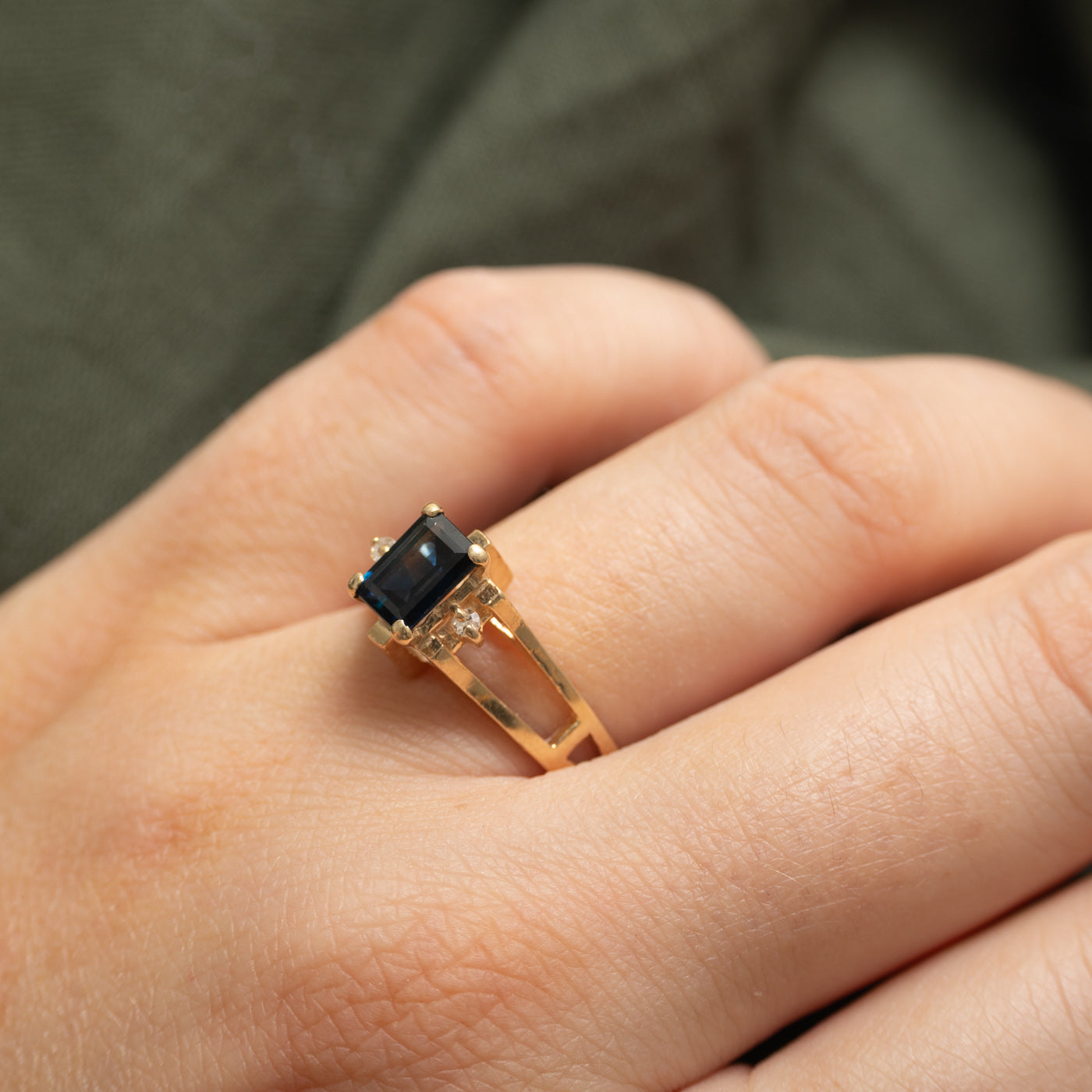 Emerald Cut Sapphire & Diamond Open Shank Ring | 1.26ct, 0.04ct | SZ 7.75