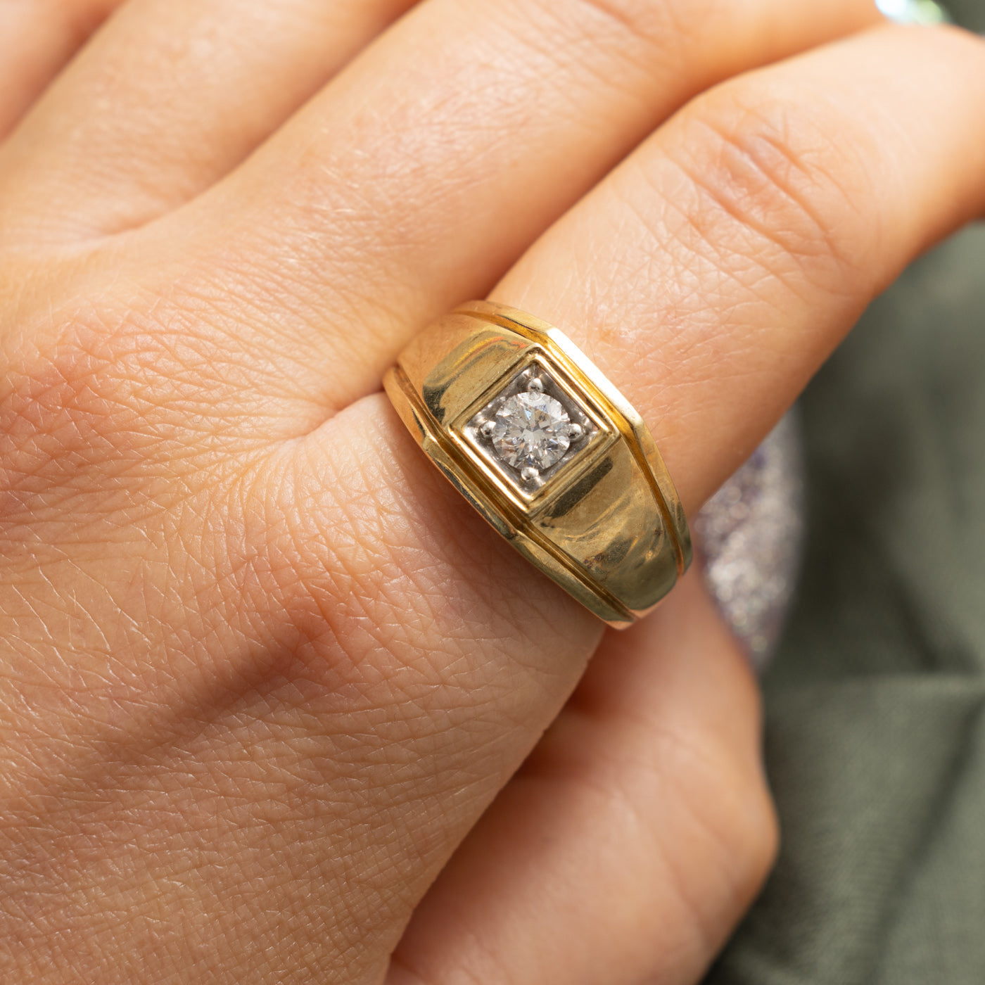 10k Solitaire Diamond Grooved Signet Ring | 0.48ct SI2 K | SZ 10.25