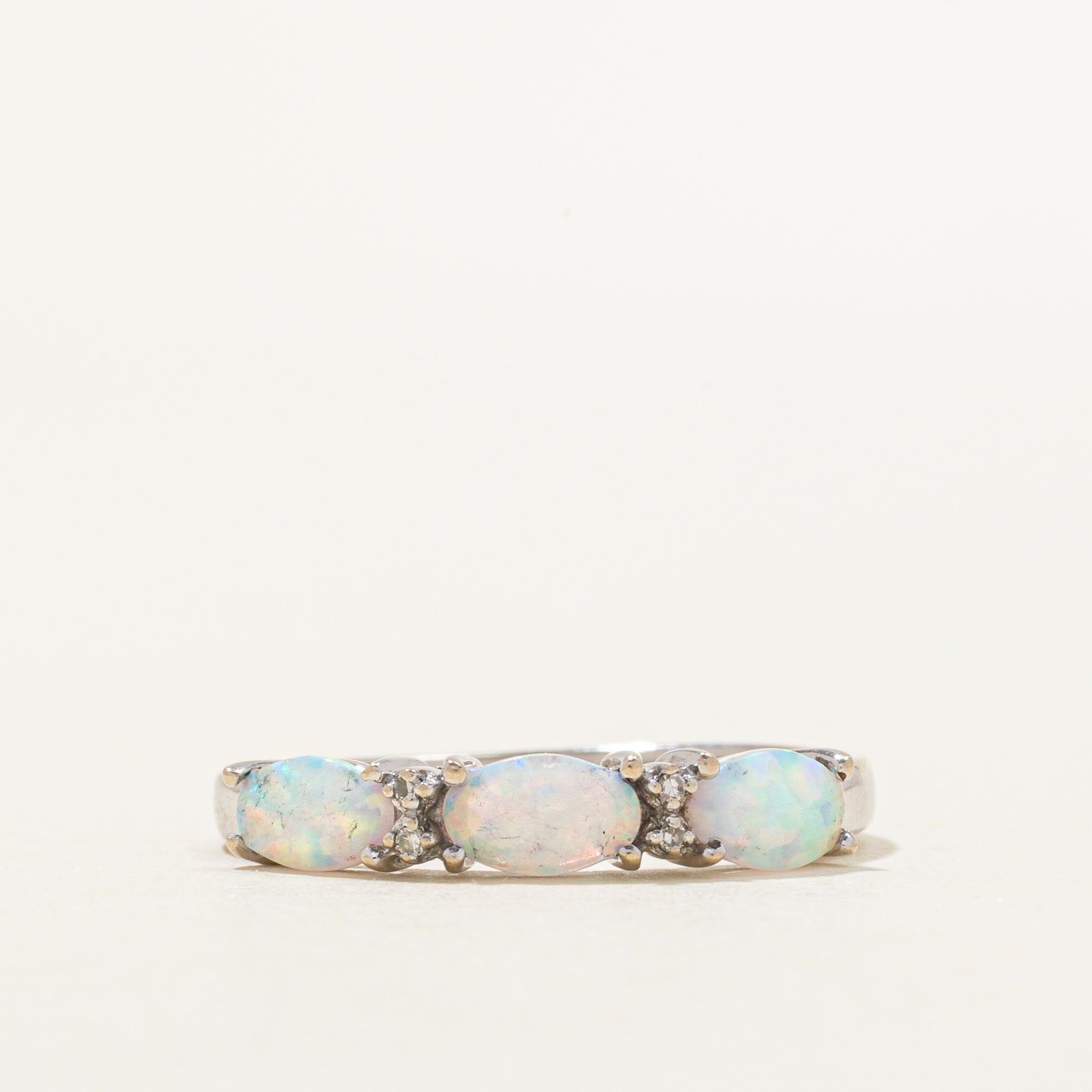 White Gold Three Stone Opal & Diamond Ring | 0.48ctw, 0.004ctw | SZ 7