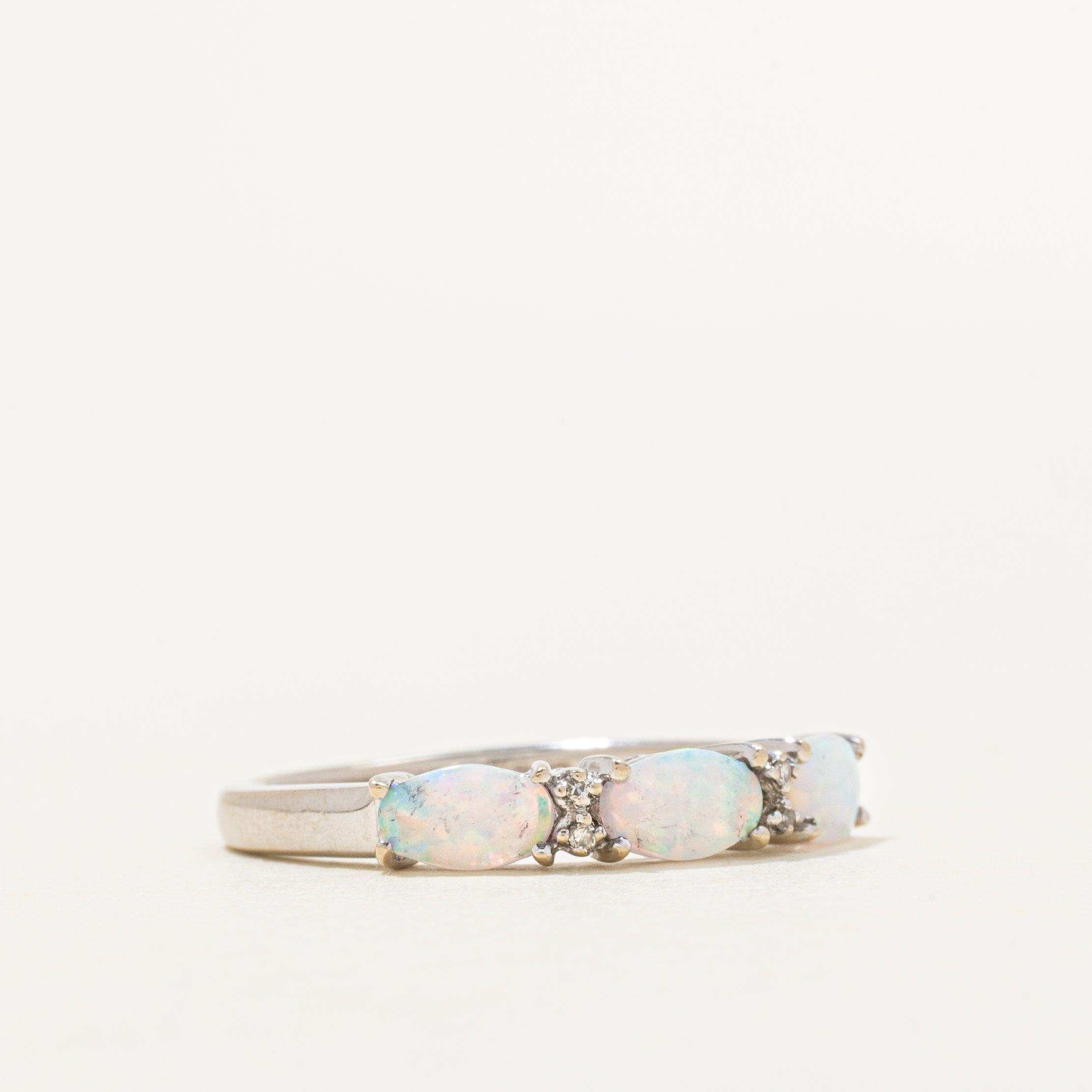 White Gold Three Stone Opal & Diamond Ring | 0.48ctw, 0.004ctw | SZ 7