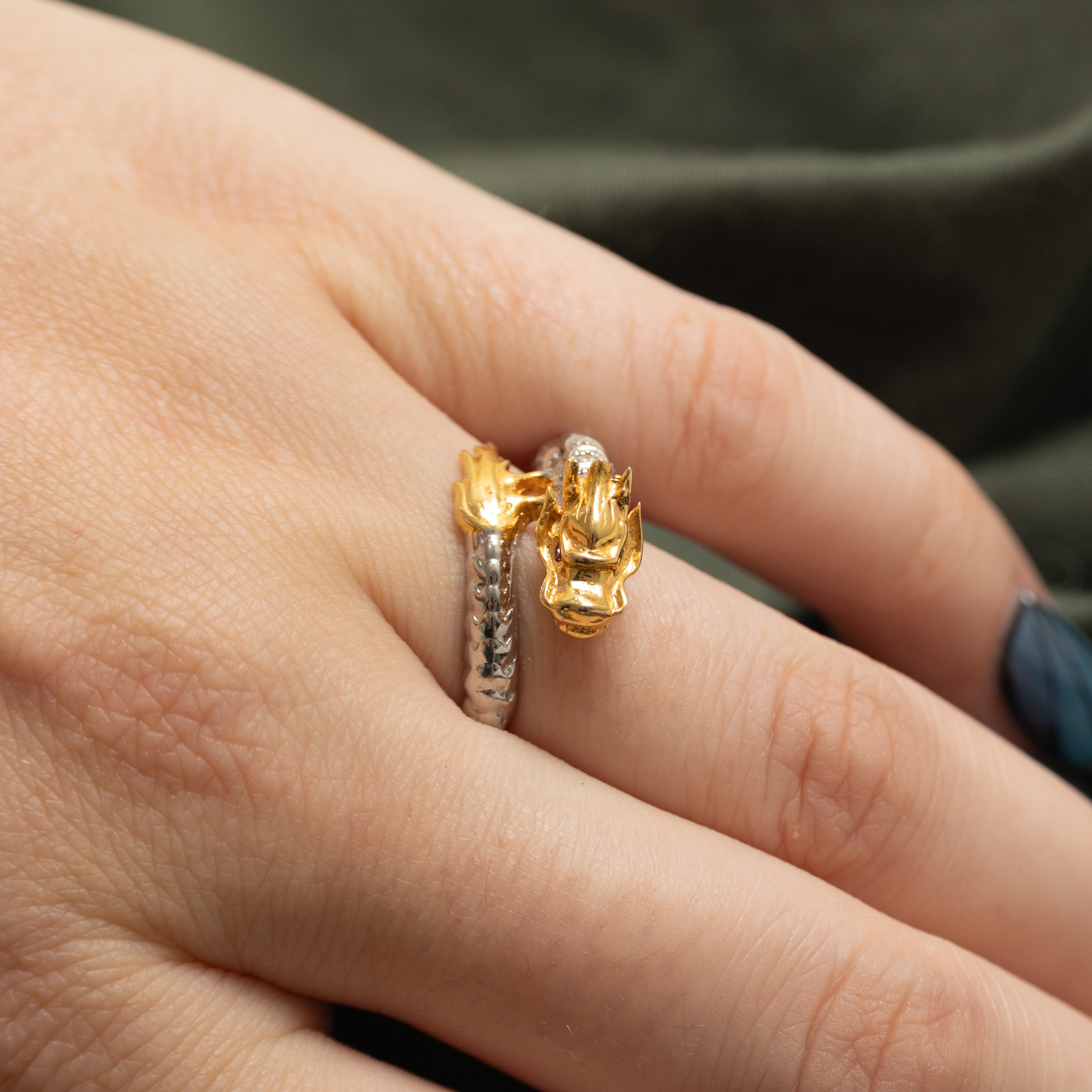 Two-Tone Diamond & Ruby Dragon Bypass Ring | 0.07ctw, 0.003ctw | SZ 7.75