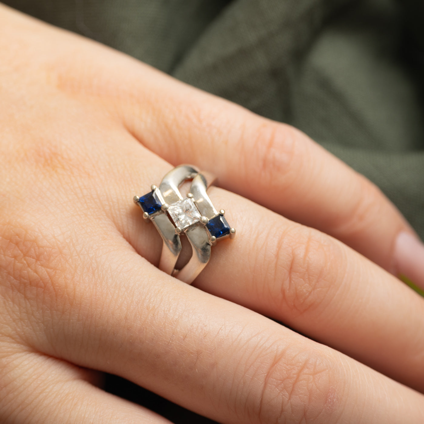 Three Stone Princess Cut Diamond & Sapphire Bypass Ring | 0.48ct, 0.46ctw | SZ 6
