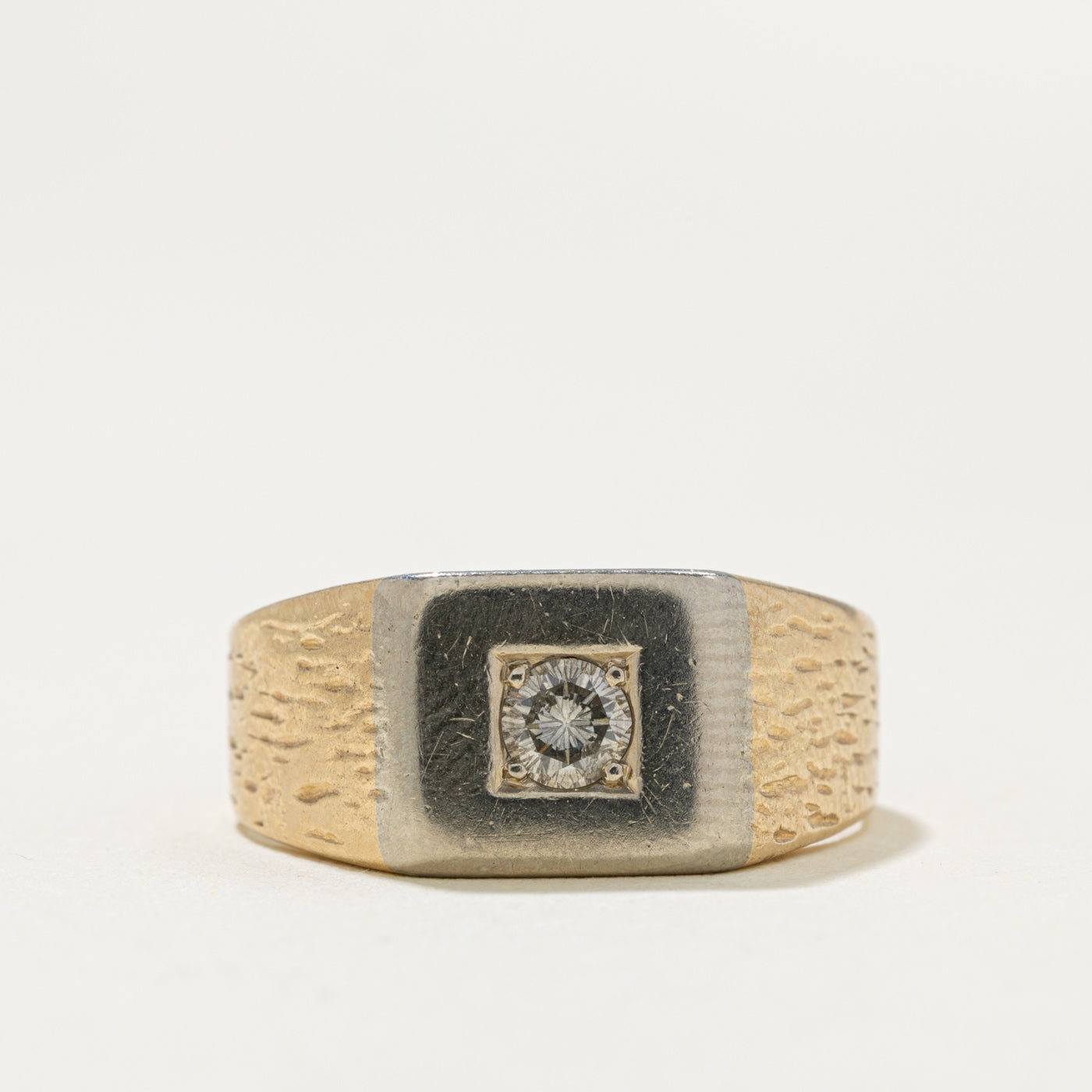 10k Two Tone Diamond Textured Signet Ring | 0.18ct | SZ 6.75