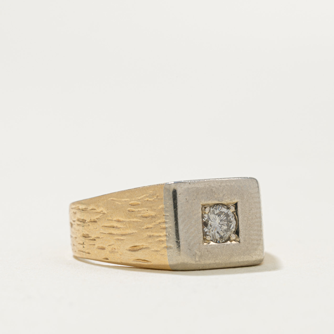 10k Two Tone Diamond Textured Signet Ring | 0.18ct | SZ 6.75