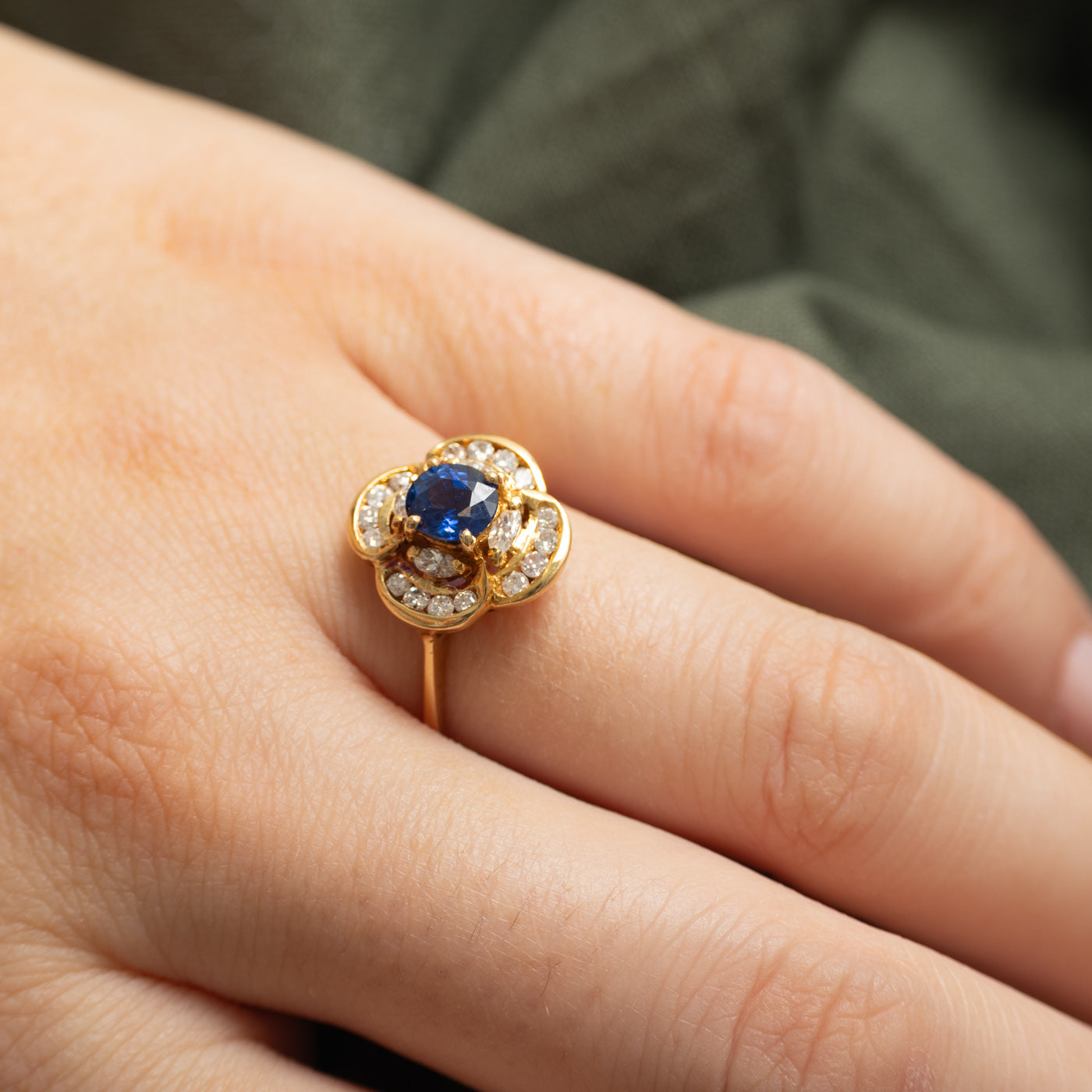 18k Oval Cut Sapphire & Diamond Cluster Ring | 0.87ct, 0.42ctw | SZ 7.5