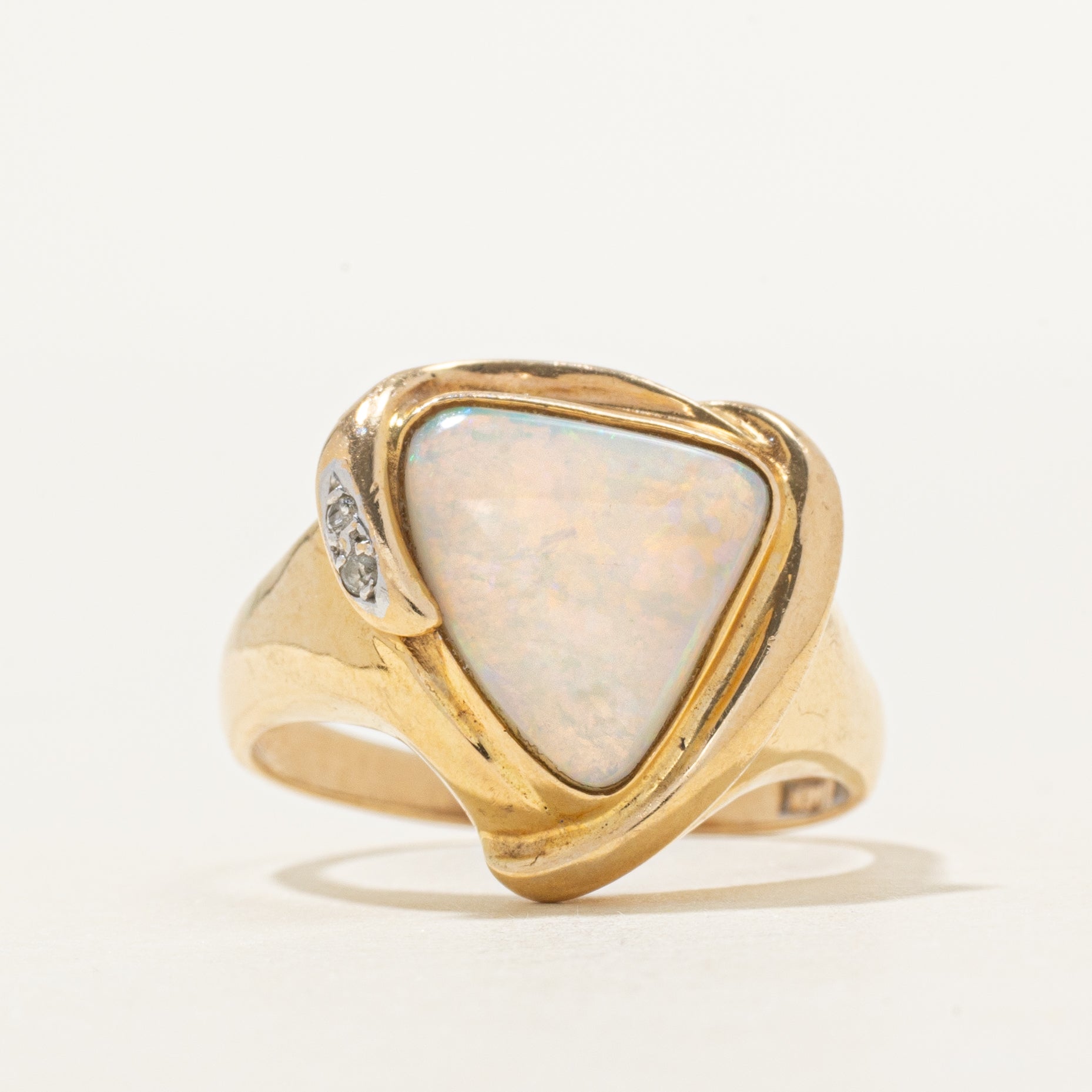 Yellow Gold Opal & Diamond Triangle Ring | 1.35ct, 0.01ctw | SZ 8.75